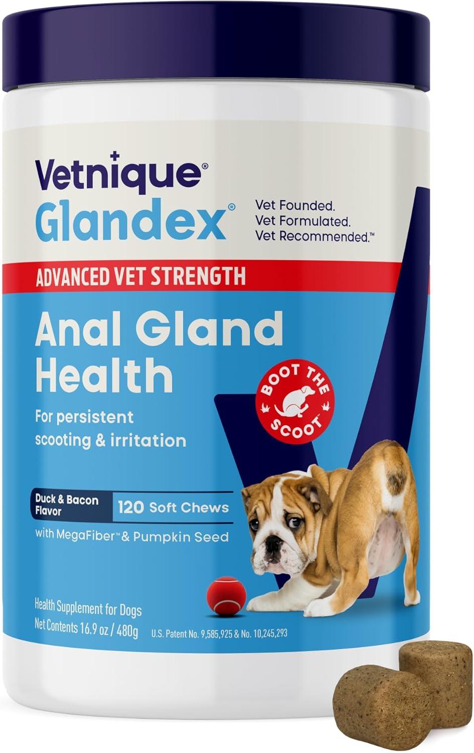 imageVetnique Glandex Anal Gland Soft Chew Treats with Pumpkin for Dogs Digestive Enzymes Probiotics Fiber Supplement for Dogs Boot The Scoot Advanced Strength DuckBacon Chews Veg 30 CountAdvanced Strength DuckBacon Chews Vegetarian
