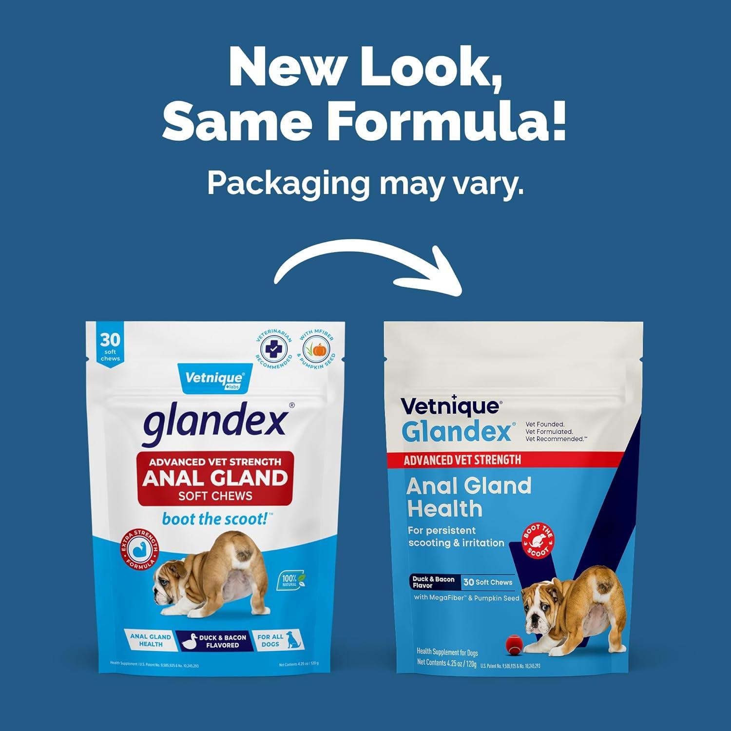 imageVetnique Glandex Anal Gland Soft Chew Treats with Pumpkin for Dogs Digestive Enzymes Probiotics Fiber Supplement for Dogs Boot The Scoot Advanced Strength DuckBacon Chews Veg 30 CountAdvanced Strength DuckBacon Chews Vegetarian