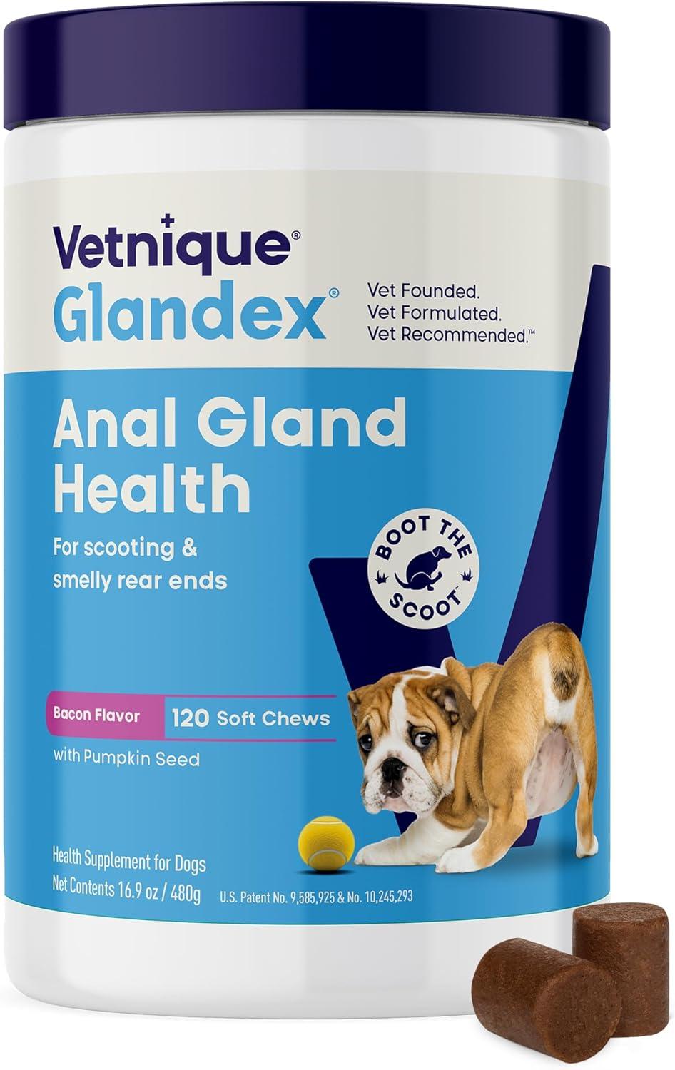 imageVetnique Glandex Anal Gland Soft Chew Treats with Pumpkin for Dogs Digestive Enzymes Probiotics Fiber Supplement for Dogs Boot The Scoot Advanced Strength DuckBacon Chews Veg 30 CountBaconPork Chews