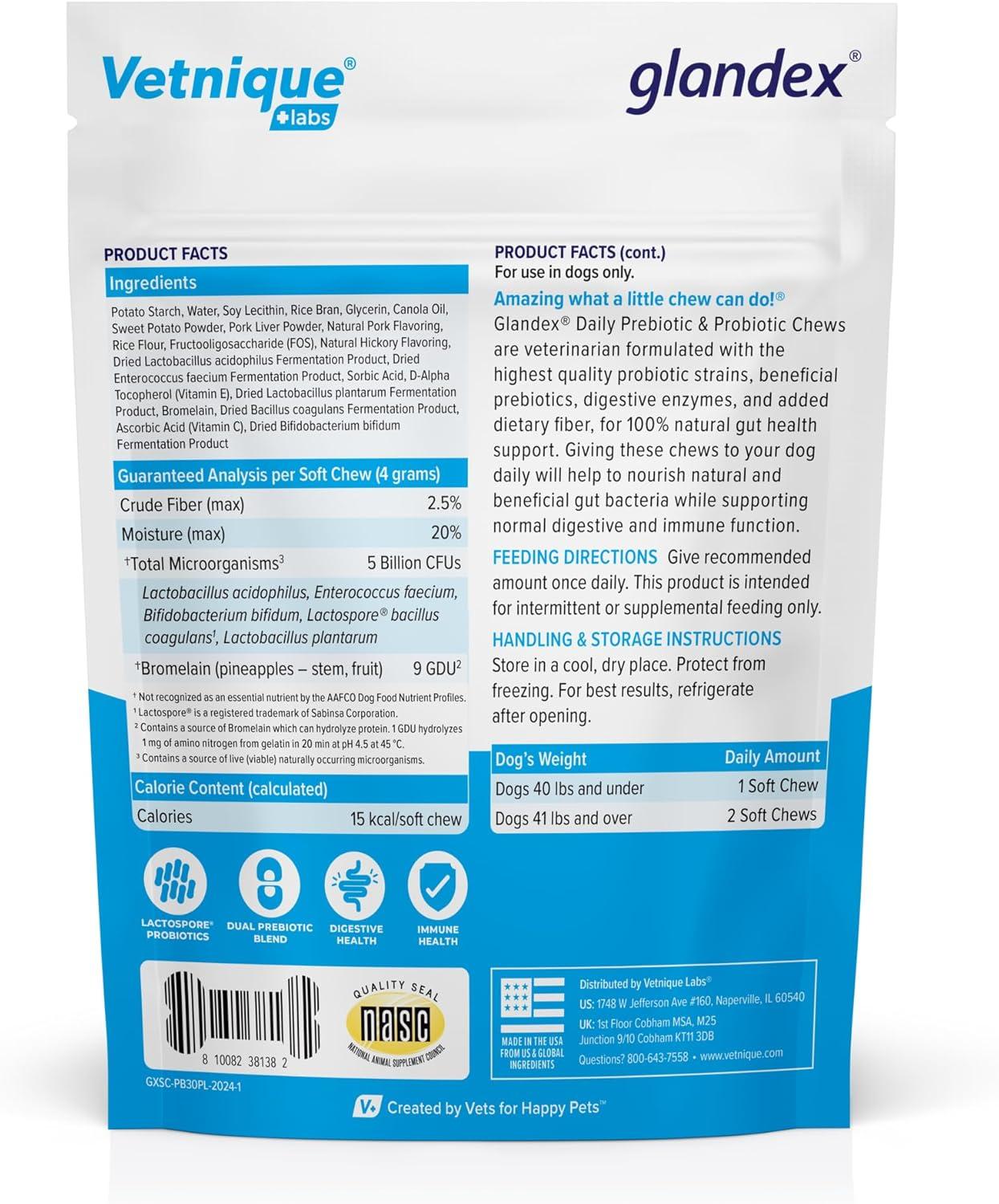 imageVetnique Glandex Daily Probiotics for Dogs with Prebiotics to Support Gut Health with Fiber and Digestive Enzymes Probiotic Chews or Powders 120ct Chews Bacon ChewsBacon Chews