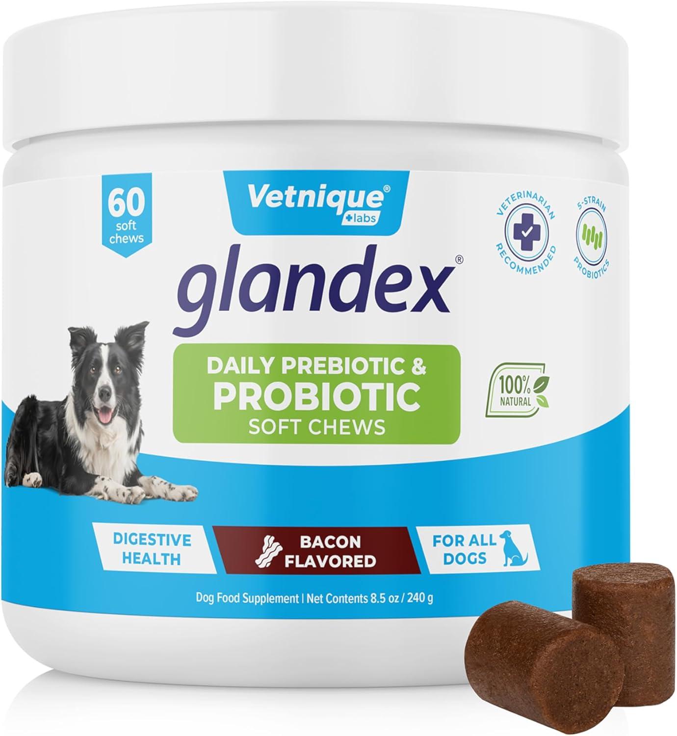 imageVetnique Glandex Daily Probiotics for Dogs with Prebiotics to Support Gut Health with Fiber and Digestive Enzymes Probiotic Chews or Powders 120ct Chews Bacon ChewsBacon Chews