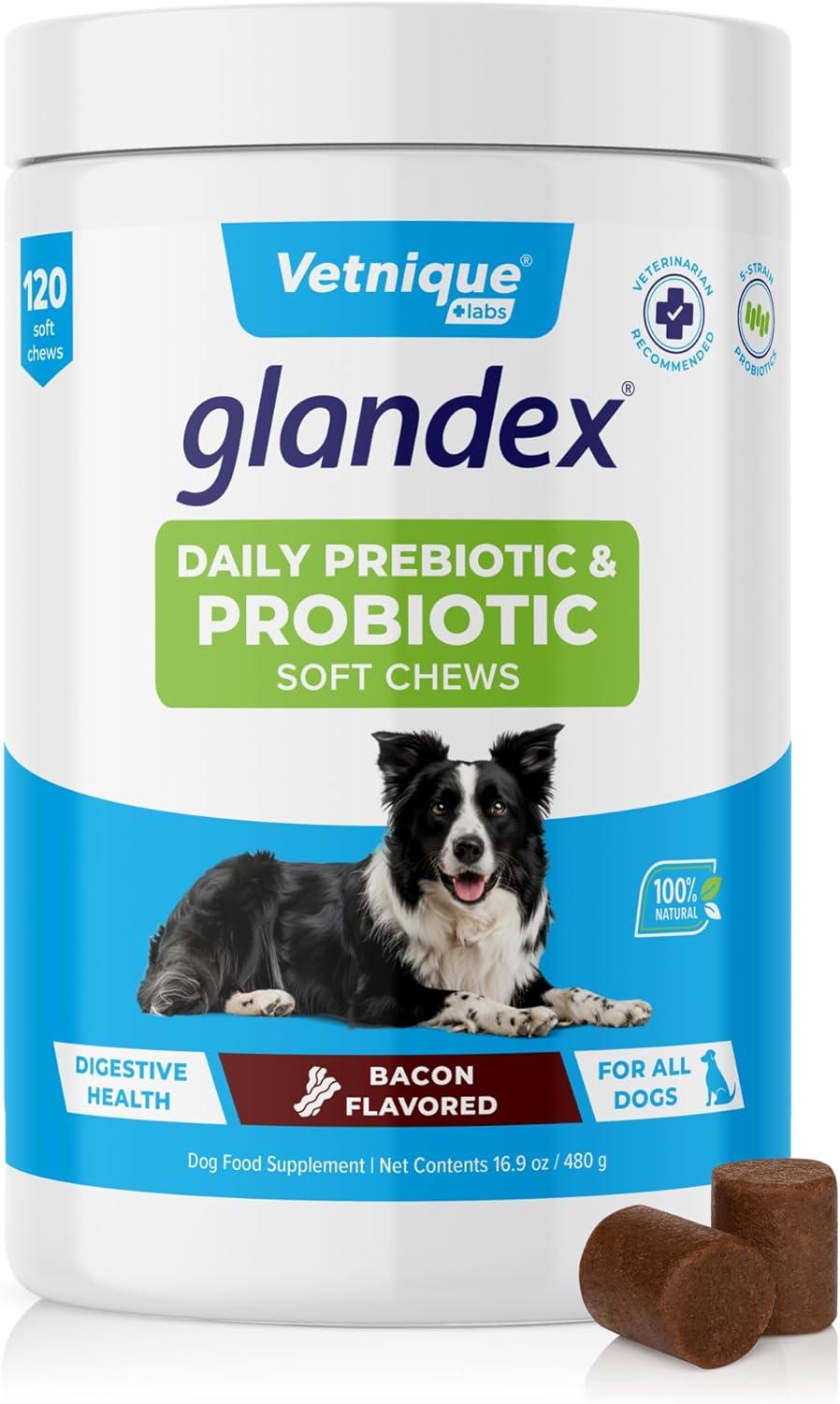imageVetnique Glandex Daily Probiotics for Dogs with Prebiotics to Support Gut Health with Fiber and Digestive Enzymes Probiotic Chews or Powders 120ct Chews Bacon ChewsBacon Chews