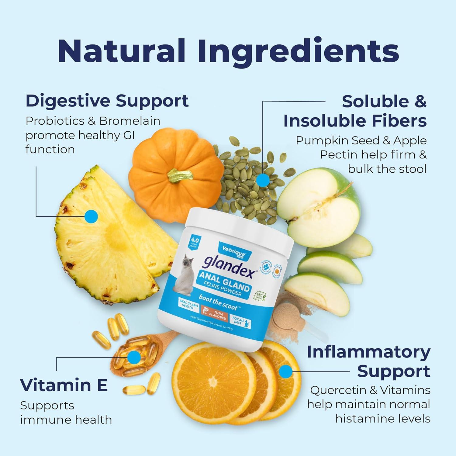 imageVetnique Glandex Feline Anal Gland or Daily Probiotic Fiber Supplement Powder for Cats with Digestive Enzyme Probiotics and Pumpkin Vet Recommended for Healthy Bowels 4oz Anal Gland Powder  TunaAnal Gland Powder  Tuna
