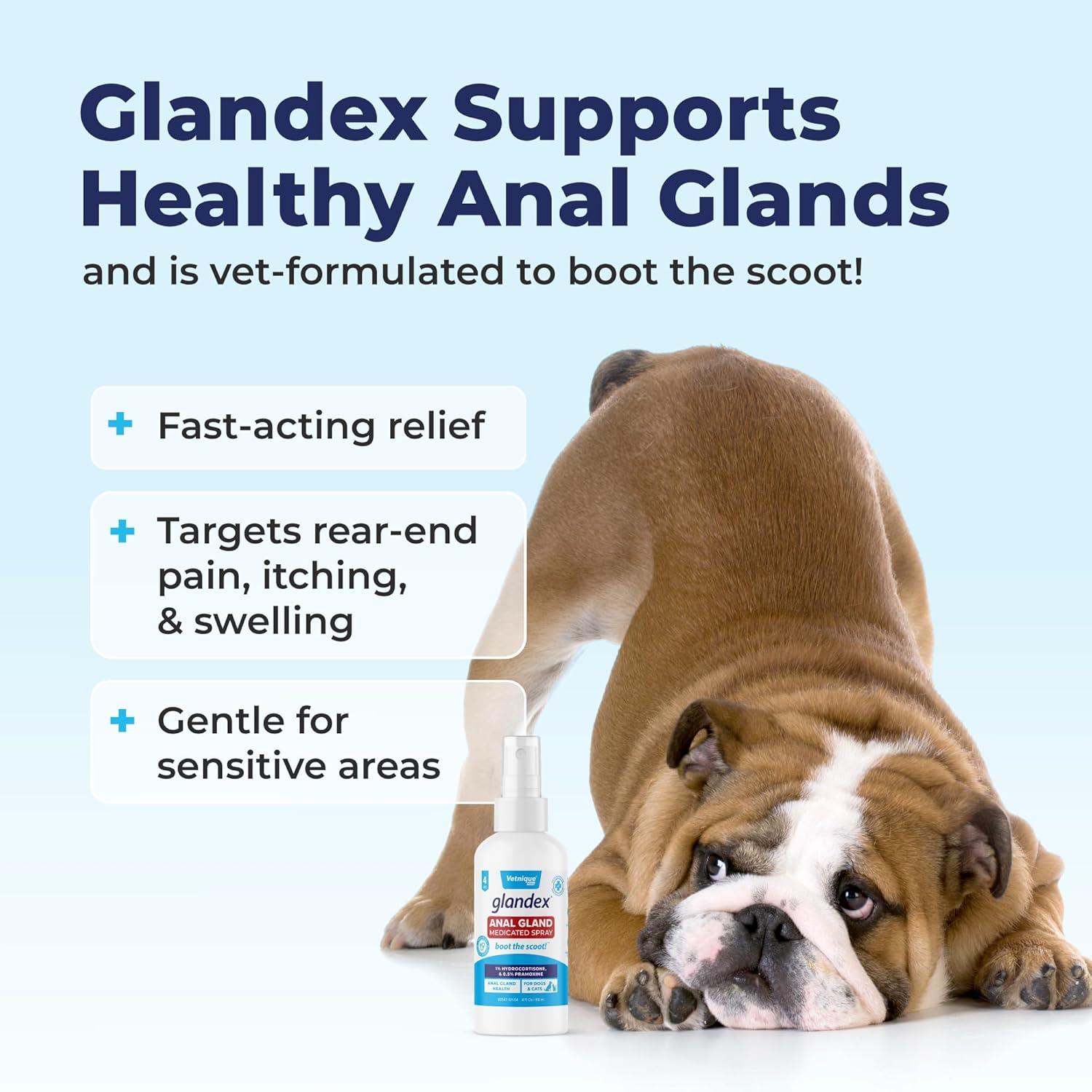 imageVetnique Glandex Medicated Dog Butt Wipes or Spray for Dog Scooting  Topical Anti Itch Skin Relief for Soothing Inflamed Anal Glands in Dogs ampamp Cats  Fast Acting Formula 50ct 50ct Wipes4oz Spray