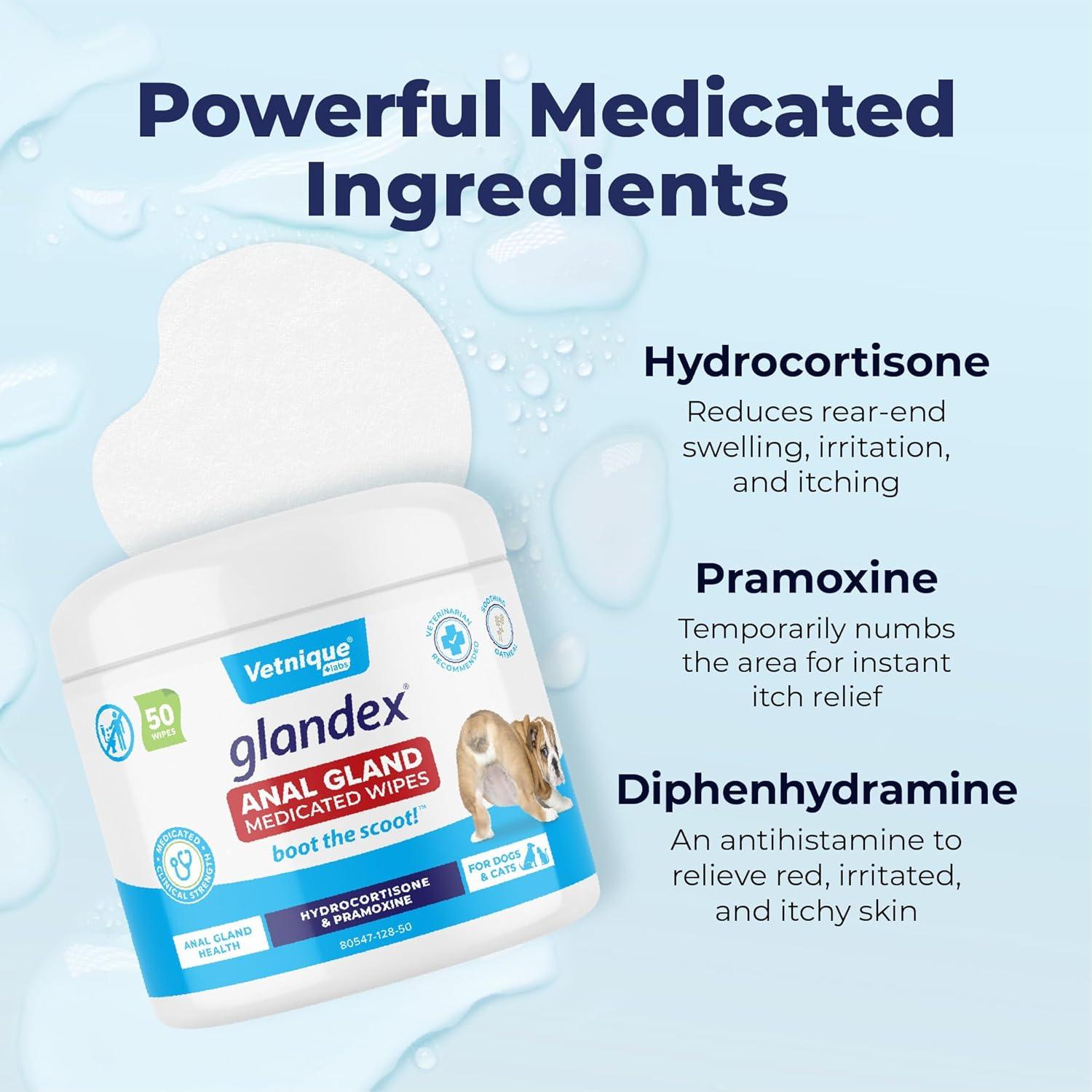 imageVetnique Glandex Medicated Dog Butt Wipes or Spray for Dog Scooting  Topical Anti Itch Skin Relief for Soothing Inflamed Anal Glands in Dogs ampamp Cats  Fast Acting Formula 50ct 50ct Wipes50ct Wipes