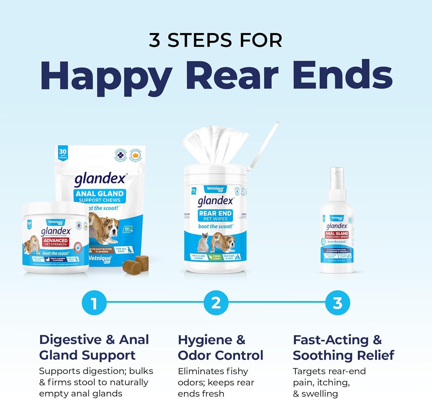 imageVetnique Glandex Medicated Dog Butt Wipes or Spray for Dog Scooting  Topical Anti Itch Skin Relief for Soothing Inflamed Anal Glands in Dogs ampamp Cats  Fast Acting Formula 50ct 50ct Wipes4oz Spray