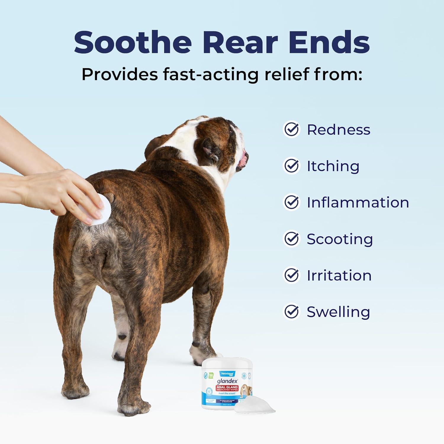 imageVetnique Glandex Medicated Dog Butt Wipes or Spray for Dog Scooting  Topical Anti Itch Skin Relief for Soothing Inflamed Anal Glands in Dogs ampamp Cats  Fast Acting Formula 50ct 50ct Wipes50ct Wipes