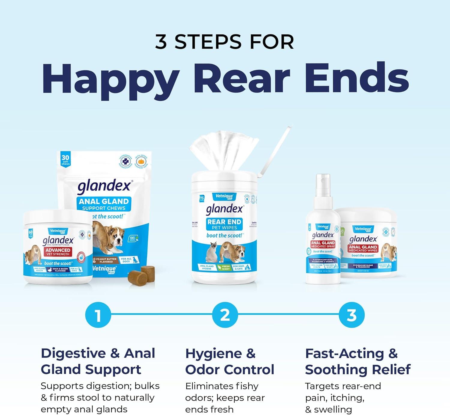 imageVetnique Glandex Medicated Dog Butt Wipes or Spray for Dog Scooting  Topical Anti Itch Skin Relief for Soothing Inflamed Anal Glands in Dogs ampamp Cats  Fast Acting Formula 50ct 50ct Wipes50ct Wipes