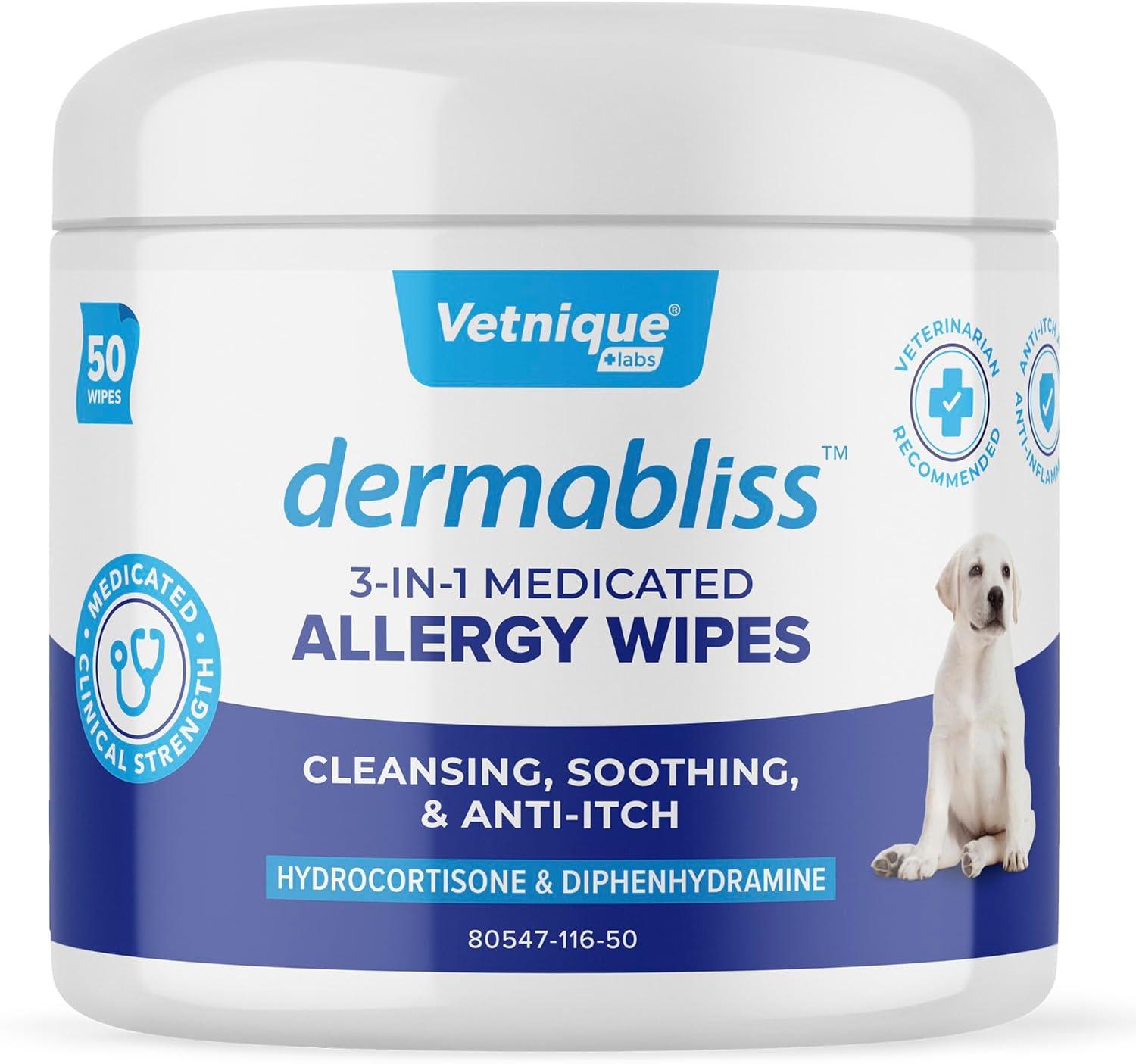 imageVetnique Labs Dermabliss 3in1 Wipes and Dermabliss AntiItch ampamp Allergy Relief Spray 8oz Bundle Seasonal Allergy Wipes for Dogs with Itchy Skin Plus Targeted Itch Relief Hydrocortisone Spray