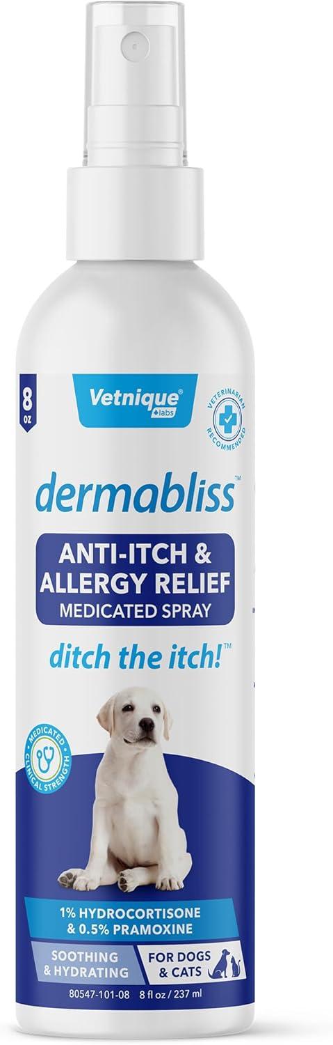 imageVetnique Labs Dermabliss 3in1 Wipes and Dermabliss AntiItch ampamp Allergy Relief Spray 8oz Bundle Seasonal Allergy Wipes for Dogs with Itchy Skin Plus Targeted Itch Relief Hydrocortisone Spray