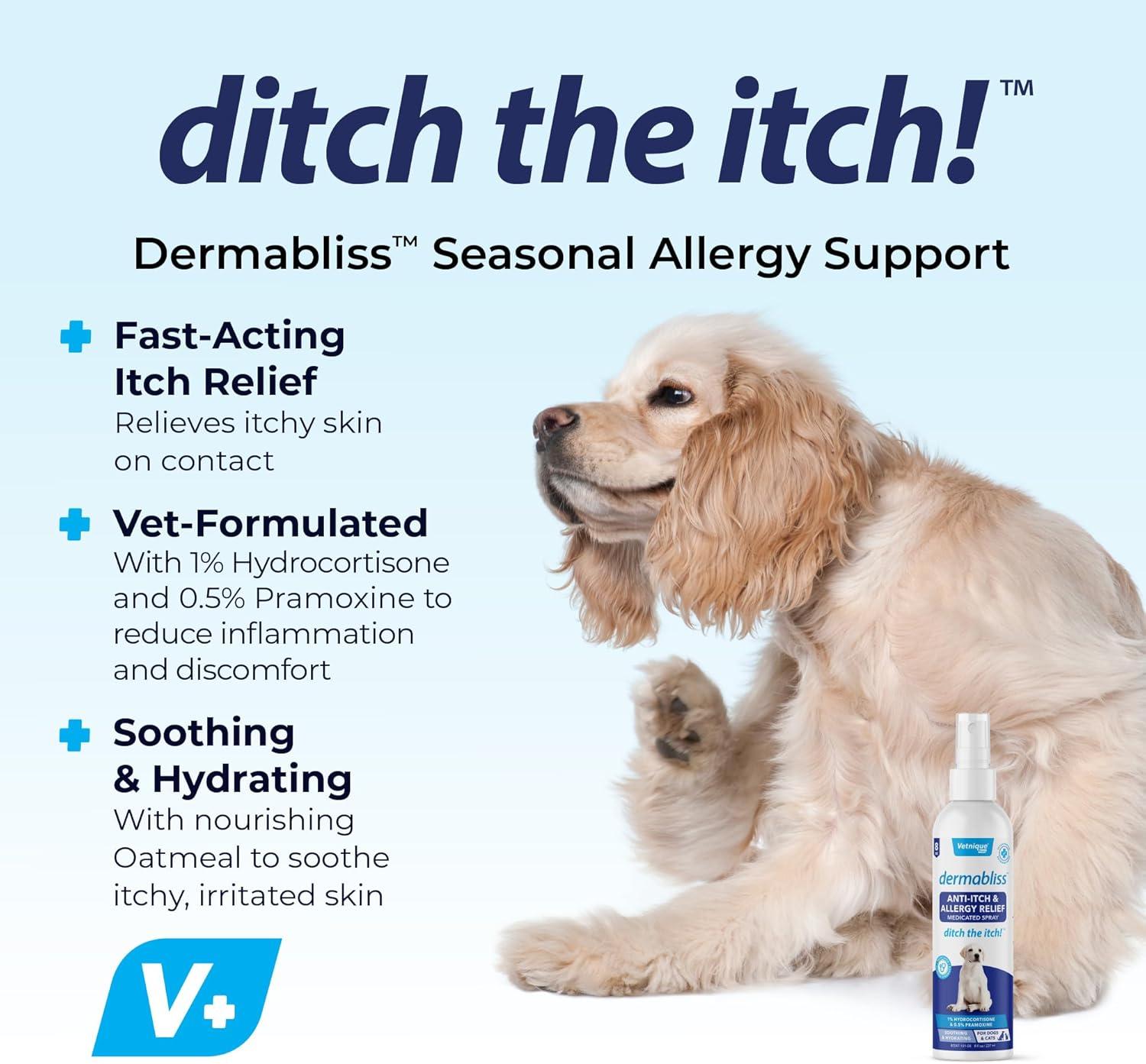 imageVetnique Labs Dermabliss 3in1 Wipes and Dermabliss AntiItch ampamp Allergy Relief Spray 8oz Bundle Seasonal Allergy Wipes for Dogs with Itchy Skin Plus Targeted Itch Relief Hydrocortisone Spray