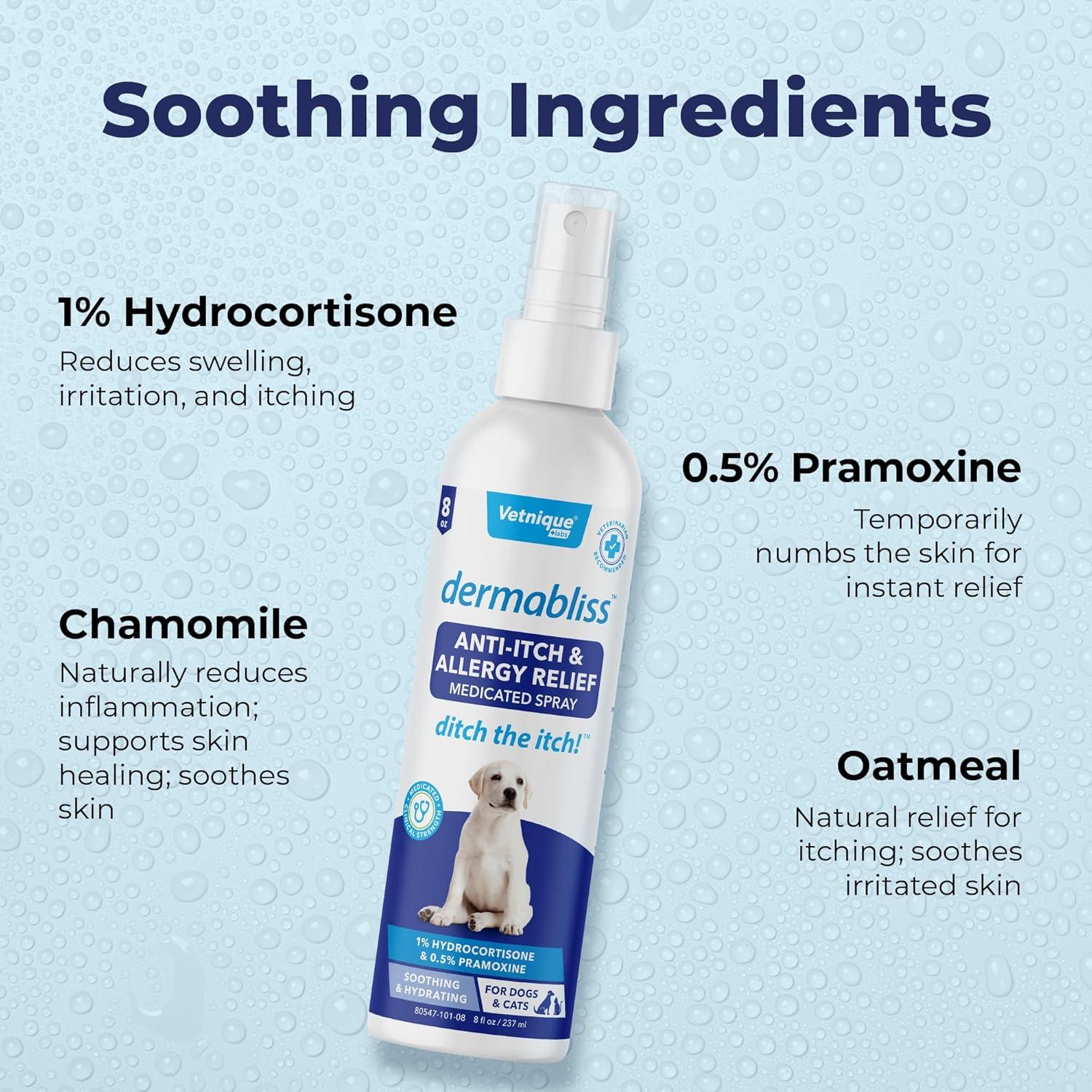 imageVetnique Labs Dermabliss 3in1 Wipes and Dermabliss AntiItch ampamp Allergy Relief Spray 8oz Bundle Seasonal Allergy Wipes for Dogs with Itchy Skin Plus Targeted Itch Relief Hydrocortisone Spray