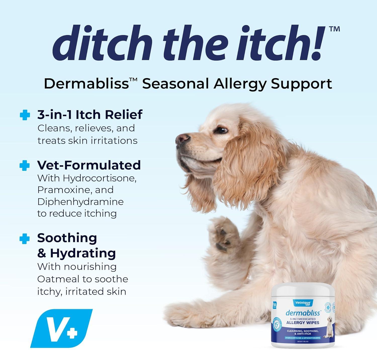 imageVetnique Labs Dermabliss 3in1 Wipes and Dermabliss AntiItch ampamp Allergy Relief Spray 8oz Bundle Seasonal Allergy Wipes for Dogs with Itchy Skin Plus Targeted Itch Relief Hydrocortisone Spray