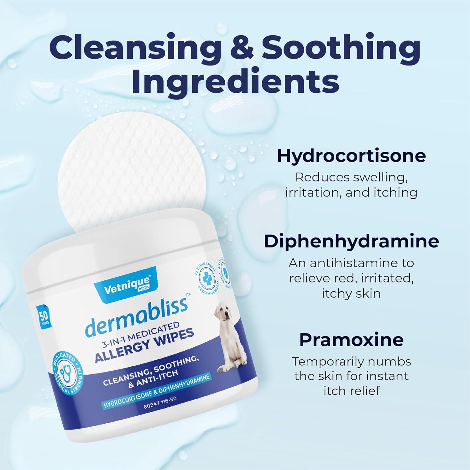 imageVetnique Labs Dermabliss 3in1 Wipes and Dermabliss AntiItch ampamp Allergy Relief Spray 8oz Bundle Seasonal Allergy Wipes for Dogs with Itchy Skin Plus Targeted Itch Relief Hydrocortisone Spray