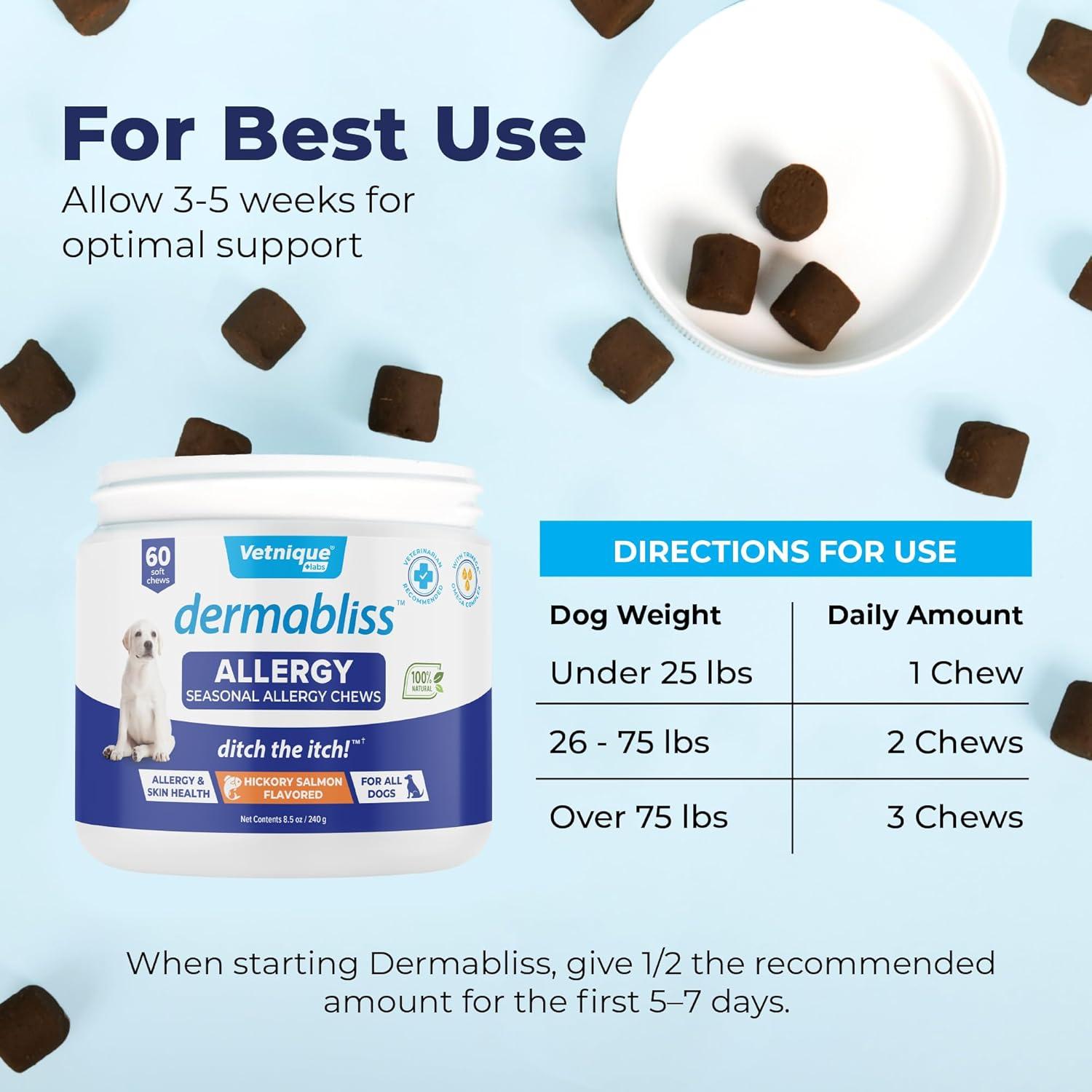imageVetnique Labs Dermabliss Allergy Chews 60ct ampamp Glandex Anal Gland Support Chews 60ct Peanut Butter Bundle VetStrength Dog Vitamins ampamp Supplements Anal Gland Support with Probiotics Dog Allergies