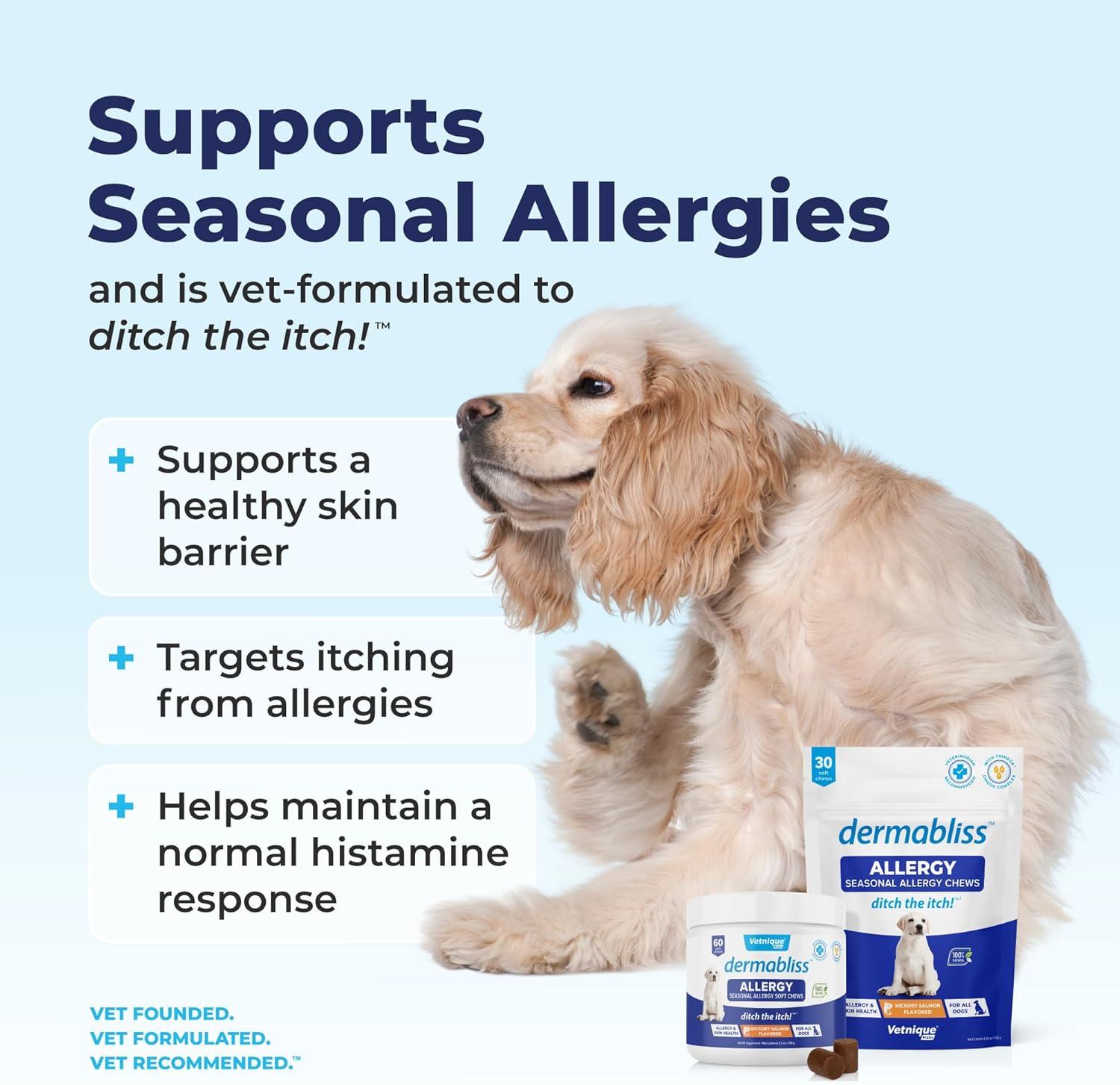 imageVetnique Labs Dermabliss Dog Allergy Relief ampamp Immune Support Supplement Allergy Chews for Dogs Itching and Licking with Omega 3 Fish Oil ampamp Probiotics for Itch Relief  Vet Recommended 30 Count Chews120ct Chews