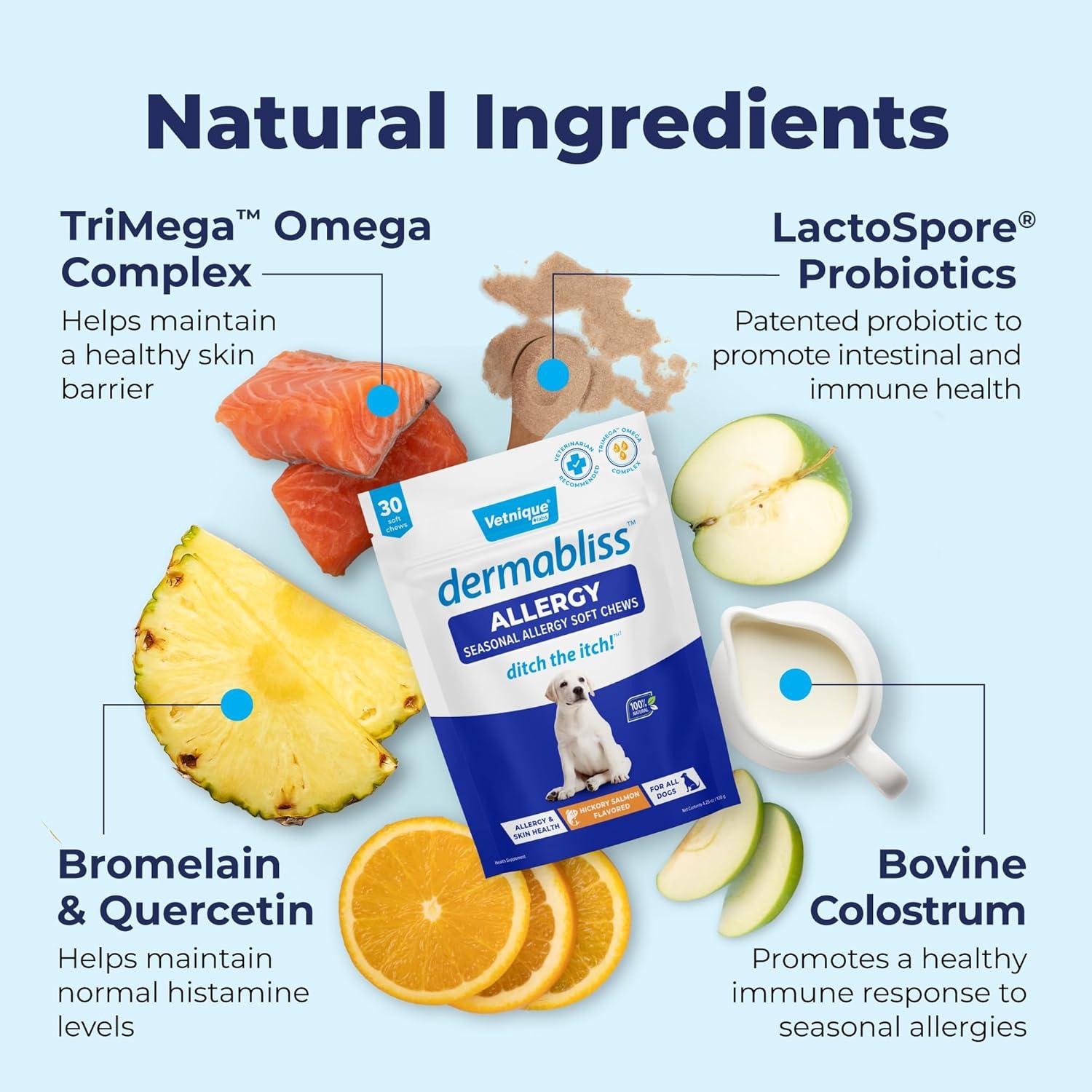 imageVetnique Labs Dermabliss Dog Allergy Relief ampamp Immune Support Supplement Allergy Chews for Dogs Itching and Licking with Omega 3 Fish Oil ampamp Probiotics for Itch Relief  Vet Recommended 30 Count Chews30ct Chews