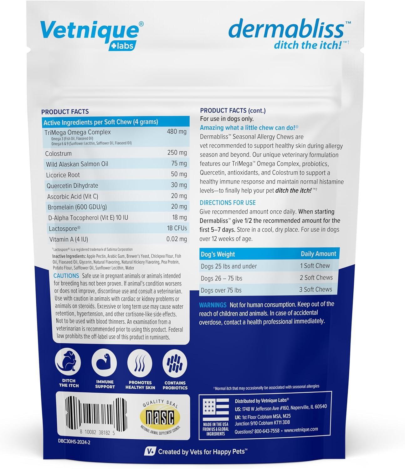 imageVetnique Labs Dermabliss Dog Allergy Relief ampamp Immune Support Supplement Allergy Chews for Dogs Itching and Licking with Omega 3 Fish Oil ampamp Probiotics for Itch Relief  Vet Recommended 30 Count Chews30ct Chews