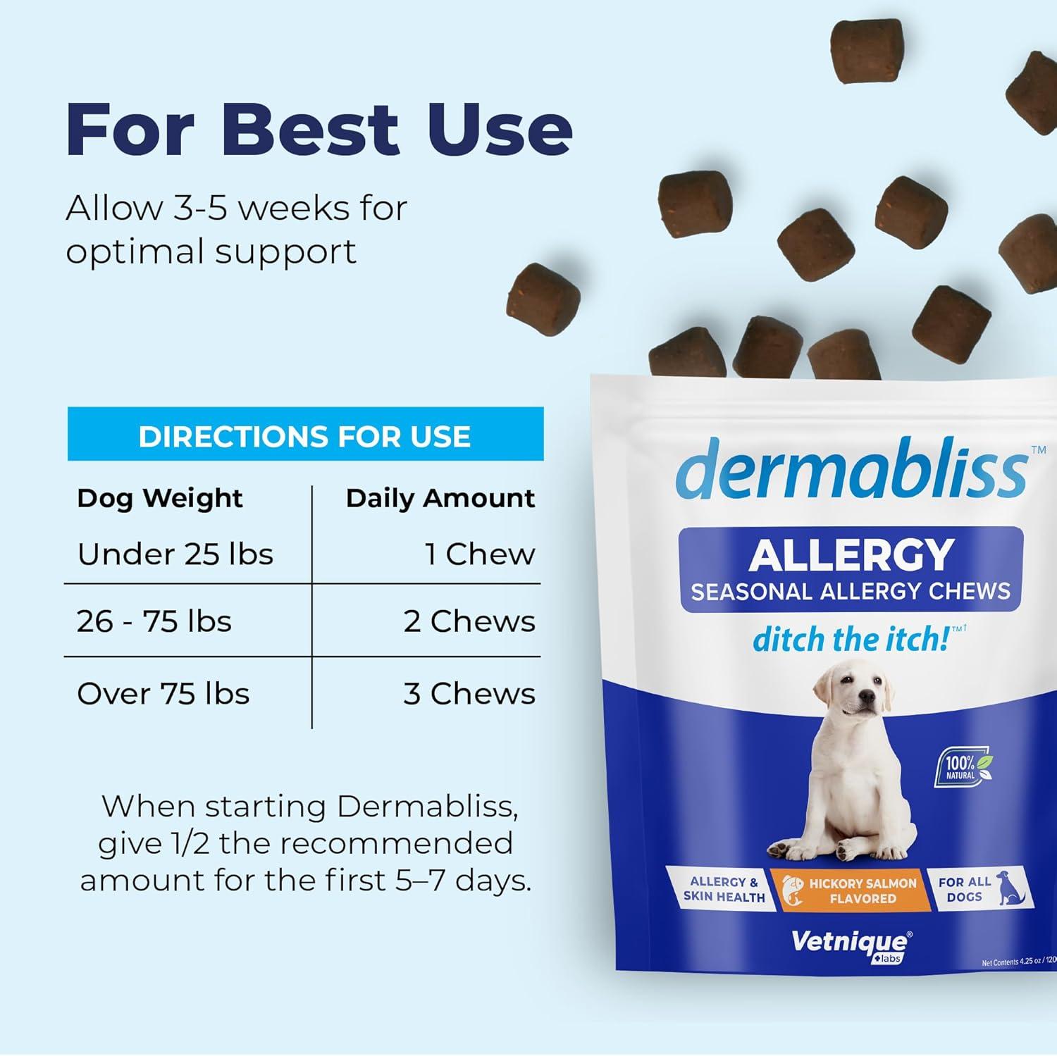 imageVetnique Labs Dermabliss Dog Allergy Relief ampamp Immune Support Supplement Allergy Chews for Dogs Itching and Licking with Omega 3 Fish Oil ampamp Probiotics for Itch Relief  Vet Recommended 30 Count Chews60ct