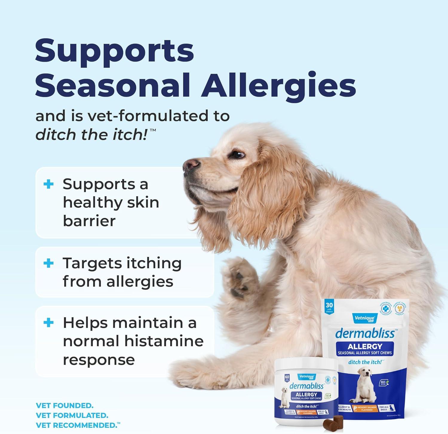 imageVetnique Labs Dermabliss Dog Allergy Relief ampamp Immune Support Supplement Allergy Chews for Dogs Itching and Licking with Omega 3 Fish Oil ampamp Probiotics for Itch Relief  Vet Recommended 30 Count Chews30ct Chews