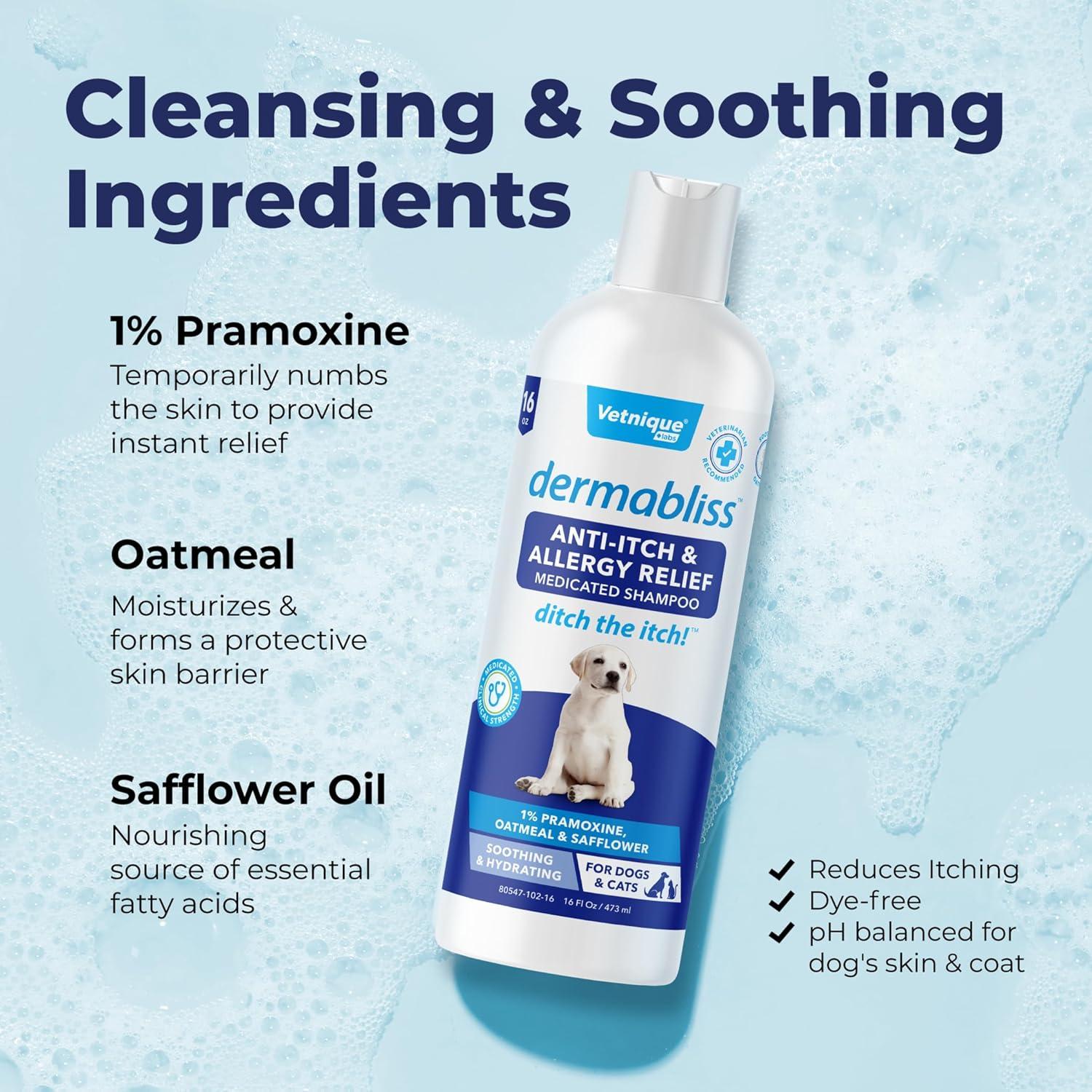 imageVetnique Labs Dermabliss Dog Allergy and Itch Relief Skin and Coat Health Supplements and Grooming Supplies with Omega 369 Biotin  Ditch The Itch Itch Relief 16oz Shampoo