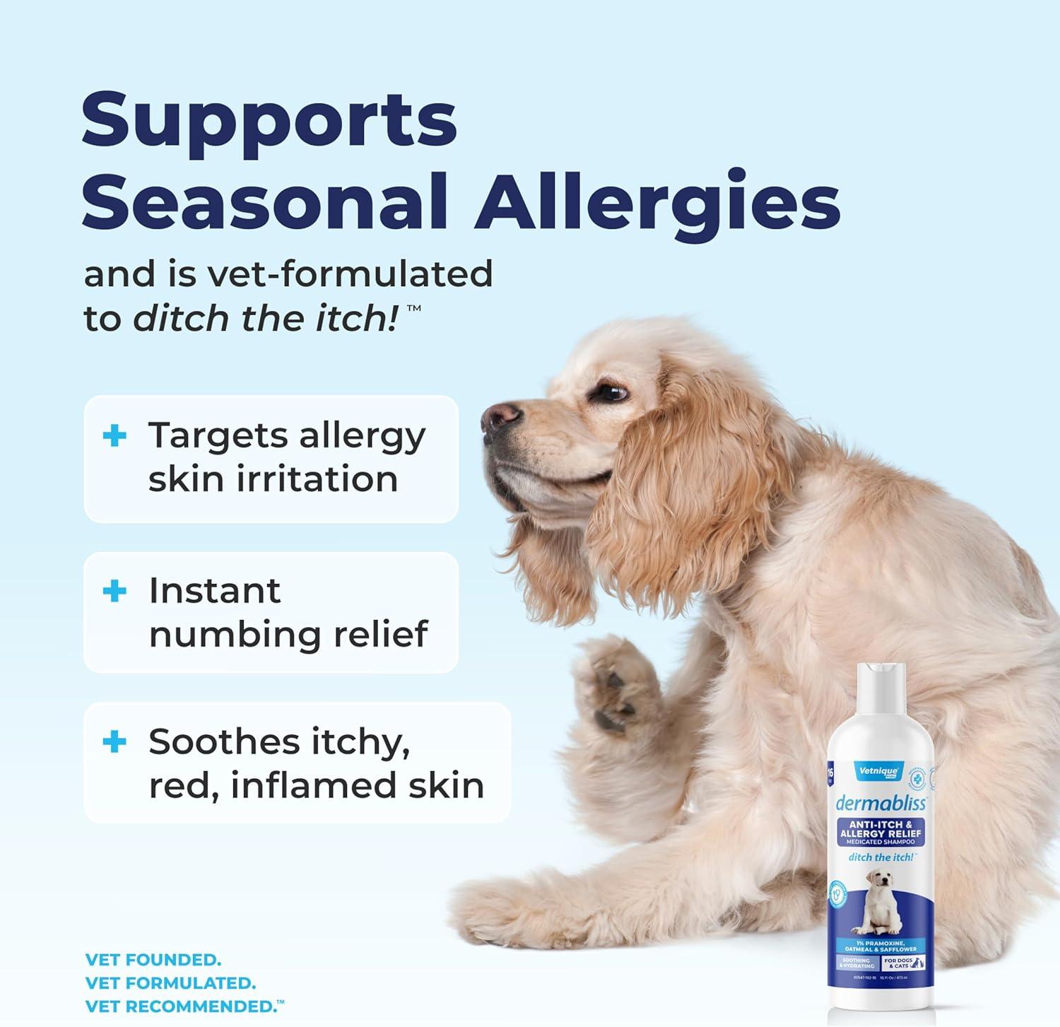 imageVetnique Labs Dermabliss Dog Allergy and Itch Relief Skin and Coat Health Supplements and Grooming Supplies with Omega 369 Biotin  Ditch The Itch Itch Relief 16oz Shampoo