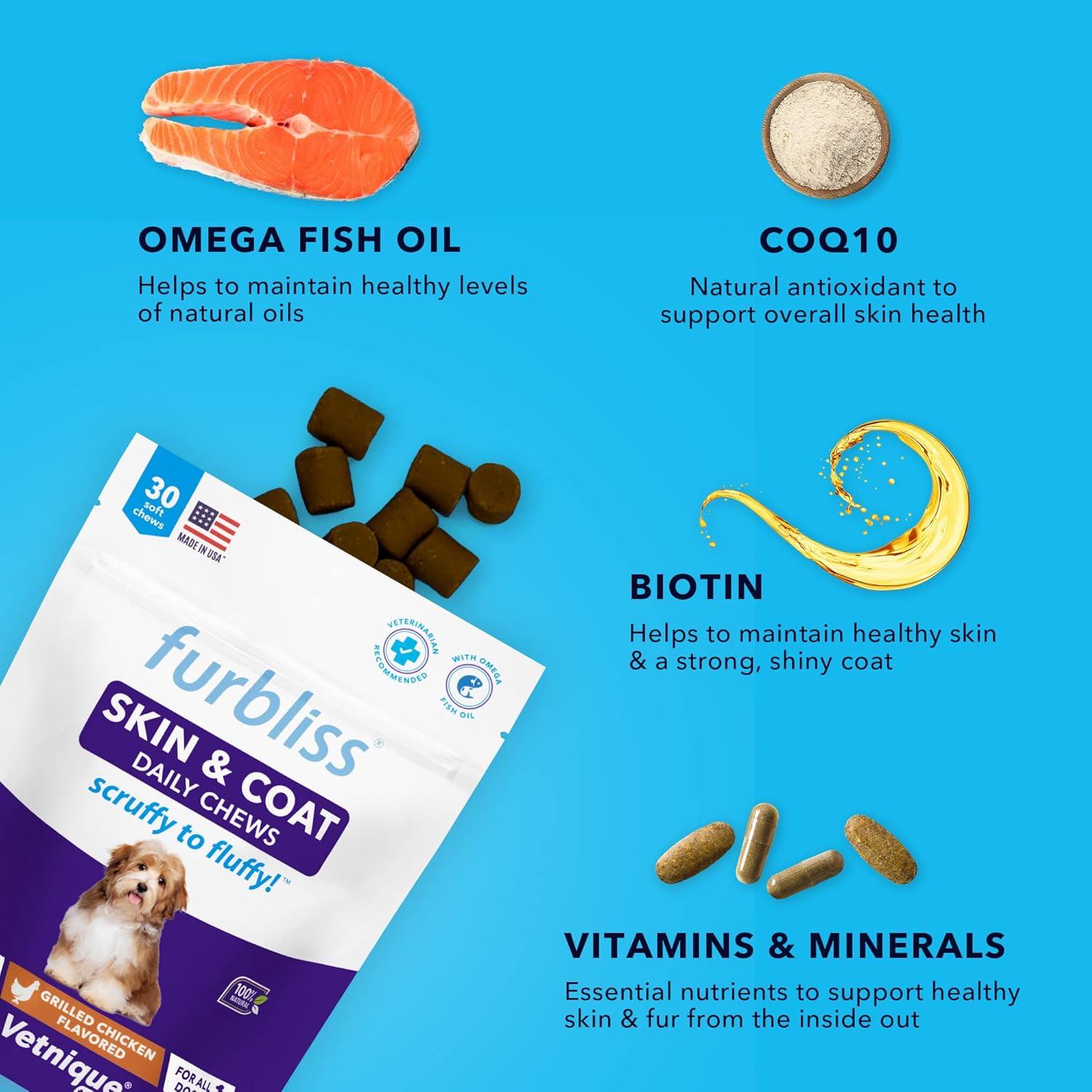imageVetnique Labs Furbliss Skin and Coat Supplement for Dogs with Omega Fish Oil EPA ampamp DHA CoQ10 ampamp BVitamin Complex for Nourished Fur ampamp Skin  Grilled Chicken Soft Chews 60ct Soft Chews