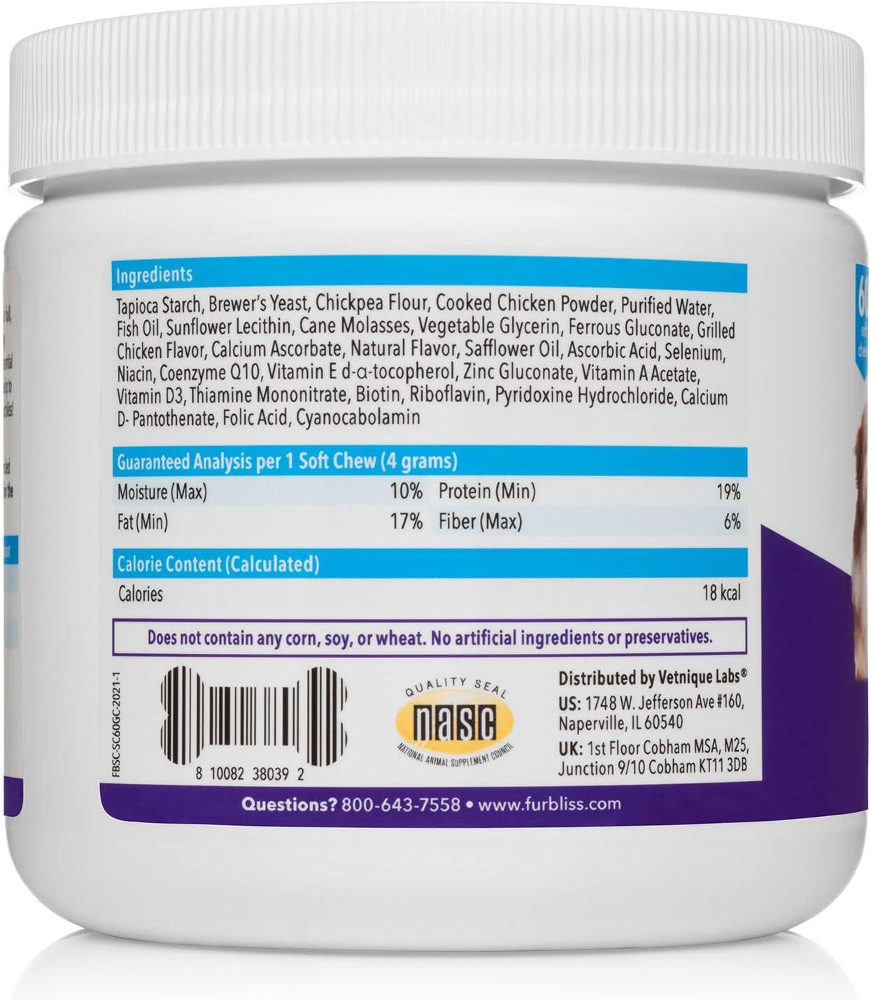 imageVetnique Labs Furbliss Skin and Coat Supplement for Dogs with Omega Fish Oil EPA ampamp DHA CoQ10 ampamp BVitamin Complex for Nourished Fur ampamp Skin  Grilled Chicken Soft Chews 60ct Soft Chews