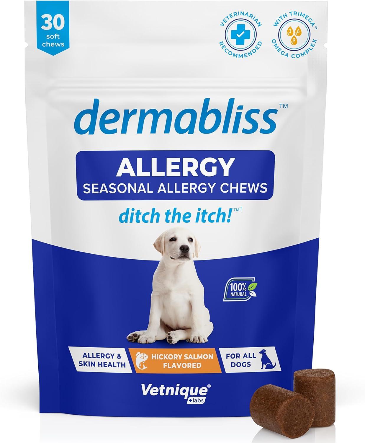 imageVetnique Labs Glandex Anal Gland Hygienic Pet Wipes 100 Count and Dermabliss Allergy Supplement for Dogs 30 Ct Bundle  Dog Cleaning Wipes with Fresh Scent for Anal Glands Allergy and Itch Relief