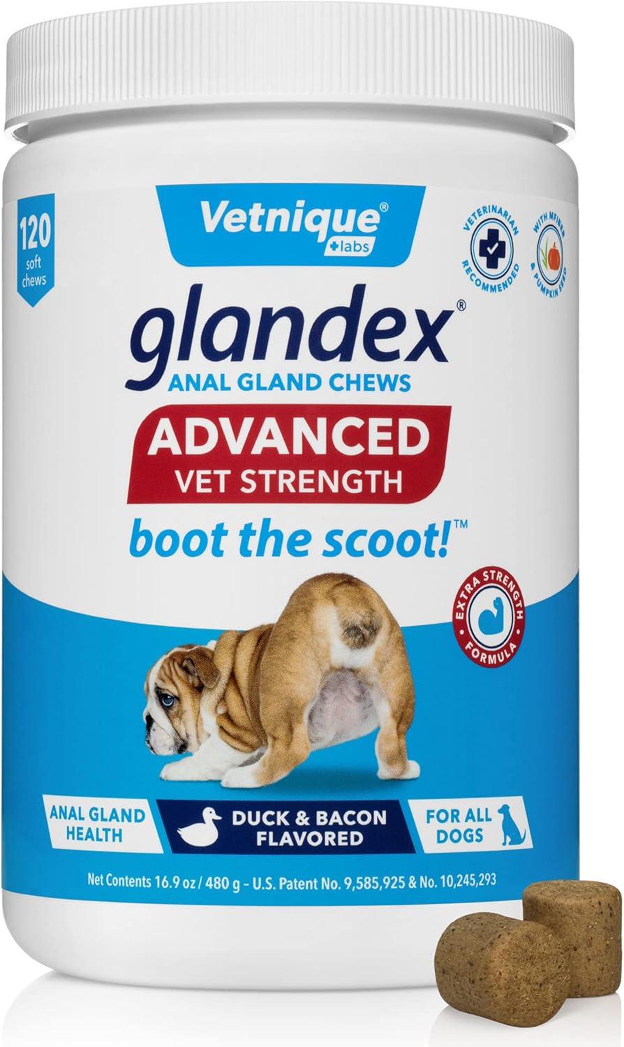 imageVetnique Labs Glandex Anal Gland Hygienic Pet Wipes 100 Count and Glandex Advanced VetStrength Chews 120 Count Bundle Dog Cleaning Wipes with Fresh Scent Anal Gland Supplement with Extra Fiber
