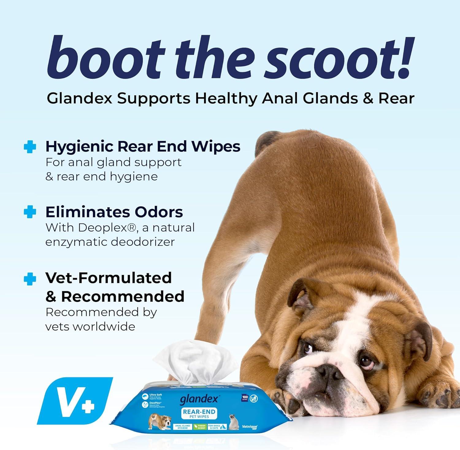 imageVetnique Labs Glandex Anal Gland Hygienic Pet Wipes 100 Count and Glandex Advanced VetStrength Chews 120 Count Bundle Dog Cleaning Wipes with Fresh Scent Anal Gland Supplement with Extra Fiber