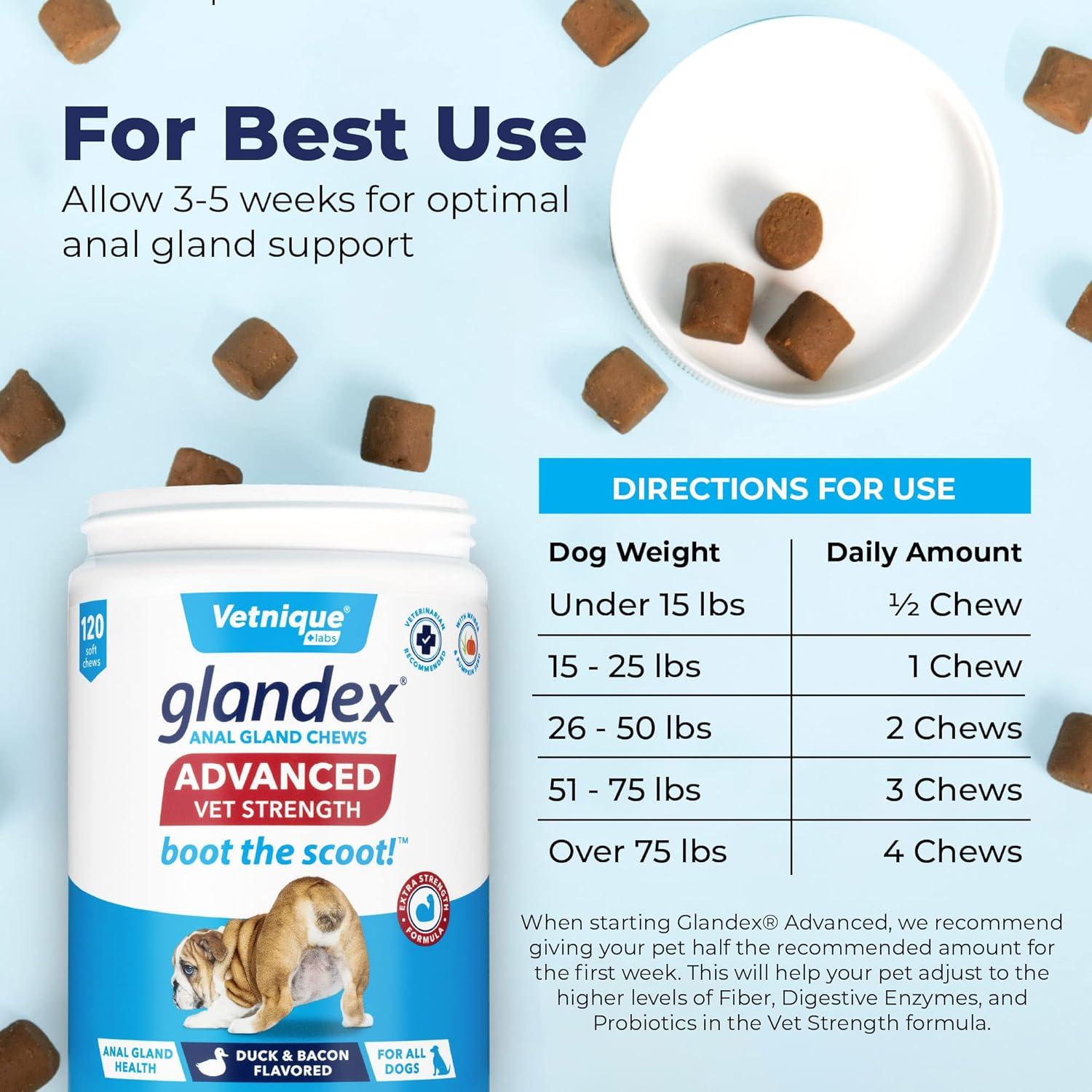 imageVetnique Labs Glandex Anal Gland Hygienic Pet Wipes 100 Count and Glandex Advanced VetStrength Chews 120 Count Bundle Dog Cleaning Wipes with Fresh Scent Anal Gland Supplement with Extra Fiber