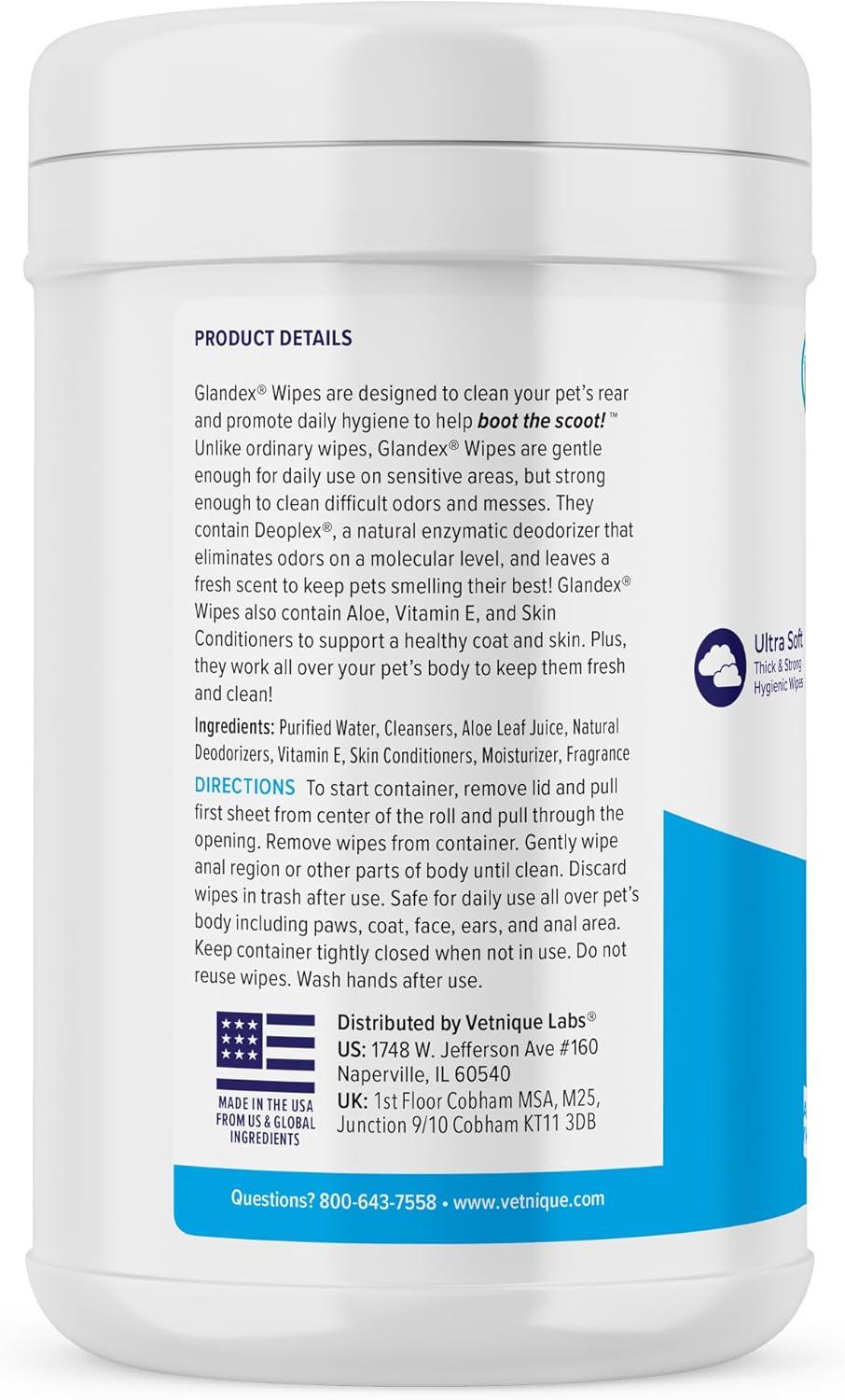 imageVetnique Labs Glandex Dog Wipes for Pets Cleansing ampamp Deodorizing Anal Gland Hygienic Dog ampamp Cat Wipes with Vitamin E Skin Conditioners and Aloe 75ct75ct Canister