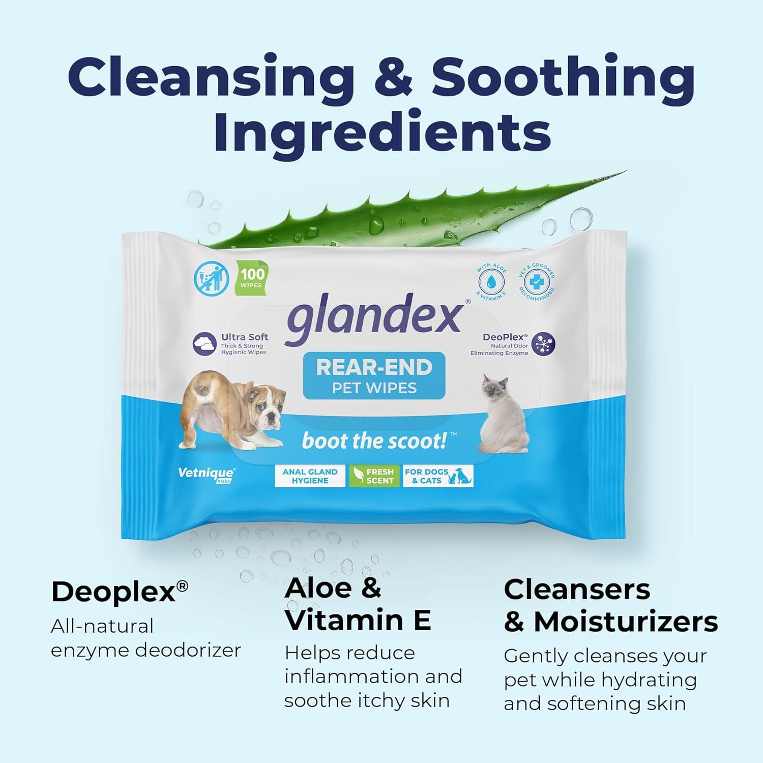 imageVetnique Labs Glandex Dog Wipes for Pets Cleansing ampamp Deodorizing Anal Gland Hygienic Dog ampamp Cat Wipes with Vitamin E Skin Conditioners and Aloe 75ct100ct Pouch