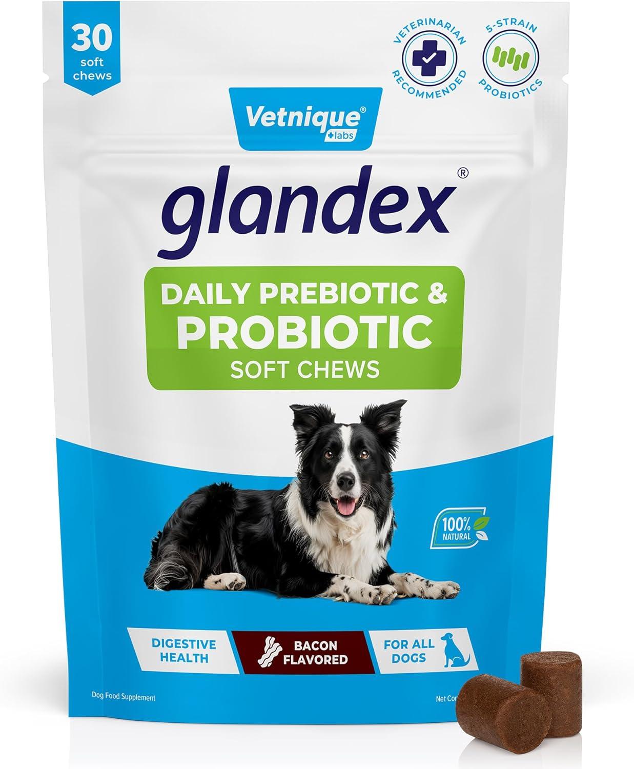 imageVetnique Labs Glandex for Dogs Prebiotic ampamp Probiotic Supplement Chews 30 Count Bacon Flavor Plus Glandex Anal Gland Support Chews 30 Count Peanut Butter Flavor Bundle 5Strain Probiotics for Dogs