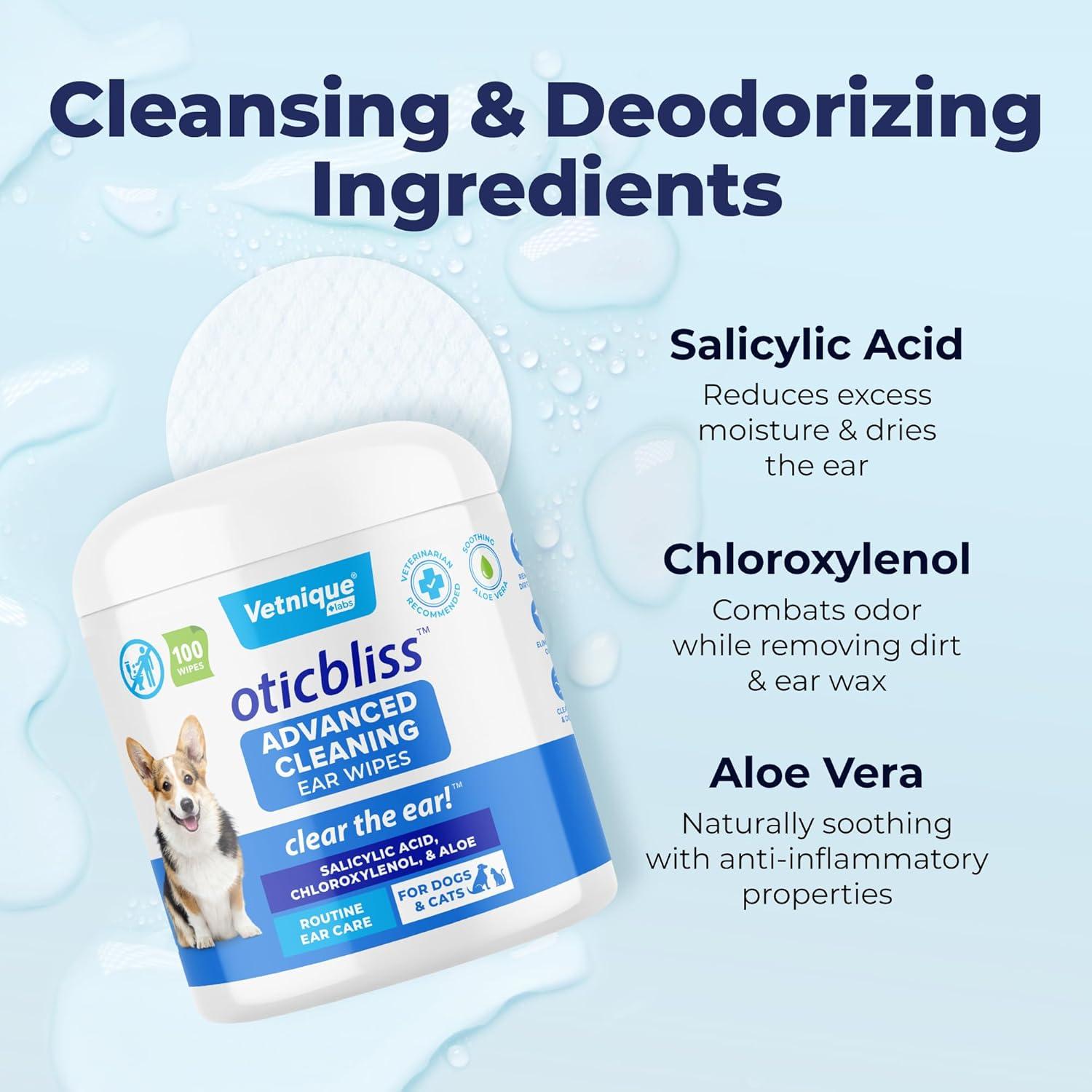 imageVetnique Oticbliss Cat ampamp Dog Ear Cleaners Medicated Dog Ear Drops for Infection Antiseptic Flush ampamp Wipes to Reduce Itchy Ears ampamp Head Shaking  Vet Recommended for Itchy Ears 8oz FlushEar Cleaning Wipes