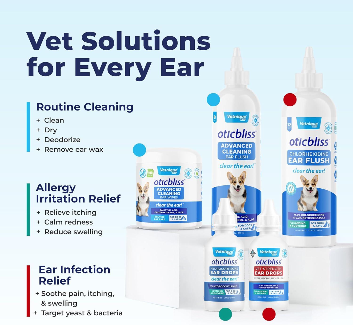 imageVetnique Oticbliss Cat ampamp Dog Ear Cleaners Medicated Dog Ear Drops for Infection Antiseptic Flush ampamp Wipes to Reduce Itchy Ears ampamp Head Shaking  Vet Recommended for Itchy Ears 8oz FlushMicroSilver Drops