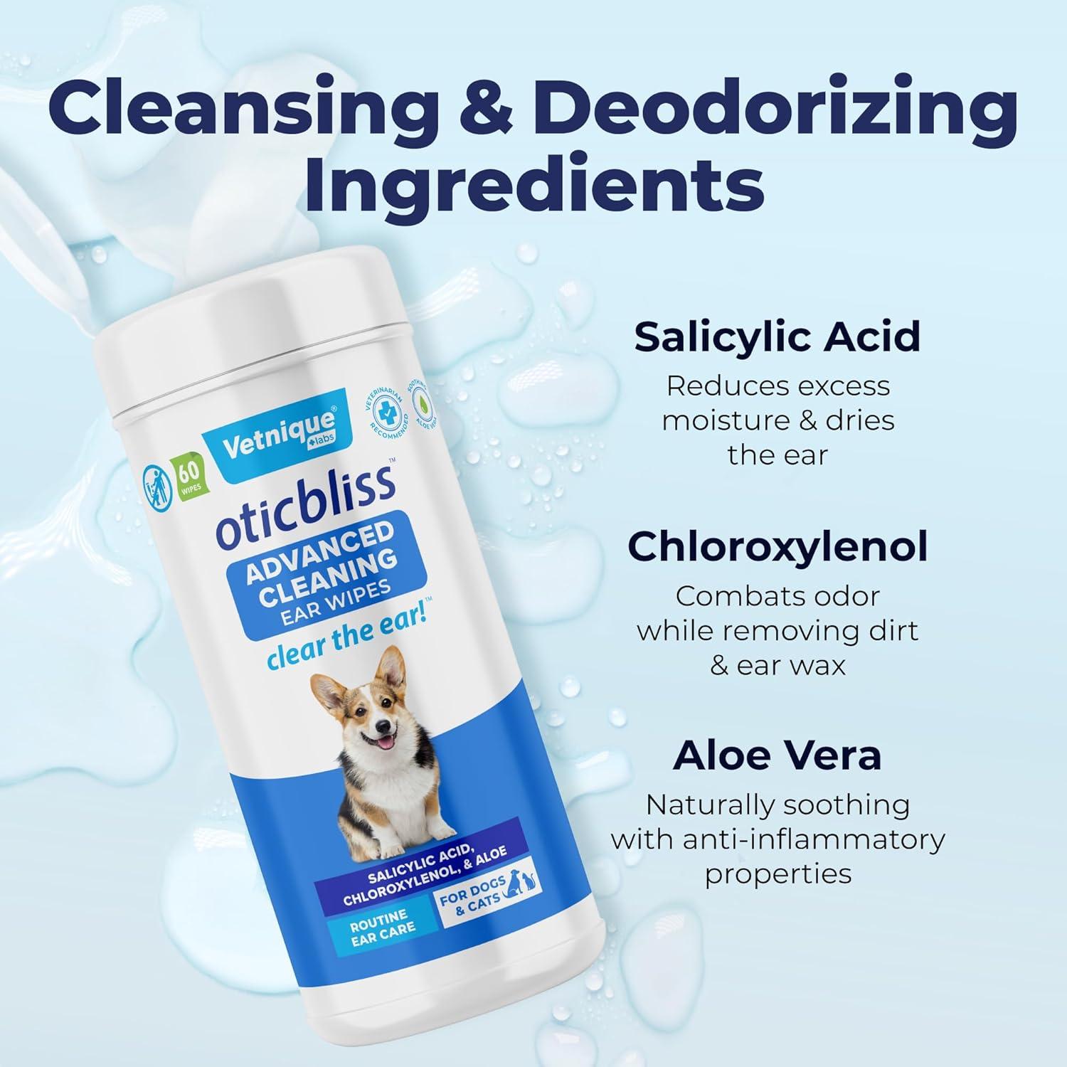 imageVetnique Oticbliss Cat ampamp Dog Ear Cleaners Medicated Dog Ear Drops for Infection Antiseptic Flush ampamp Wipes to Reduce Itchy Ears ampamp Head Shaking  Vet Recommended for Itchy Ears 8oz FlushEar Cleaning Wipes