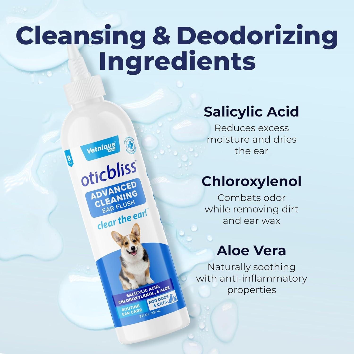 imageVetnique Oticbliss Cat ampamp Dog Ear Cleaners Medicated Dog Ear Drops for Infection Antiseptic Flush ampamp Wipes to Reduce Itchy Ears ampamp Head Shaking  Vet Recommended for Itchy Ears 8oz FlushFlush