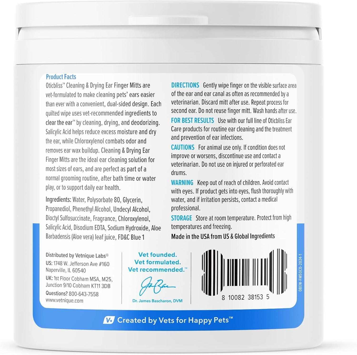 imageVetnique Oticbliss Ear Finger Wipes for Dogs ampamp Cats DualSided Cleaning Dog Ear Wipes for Odor Control Dirt ampamp Wax Removal with Soothing Aloe Salicylic Acid ampamp Aloe Vera 50ct