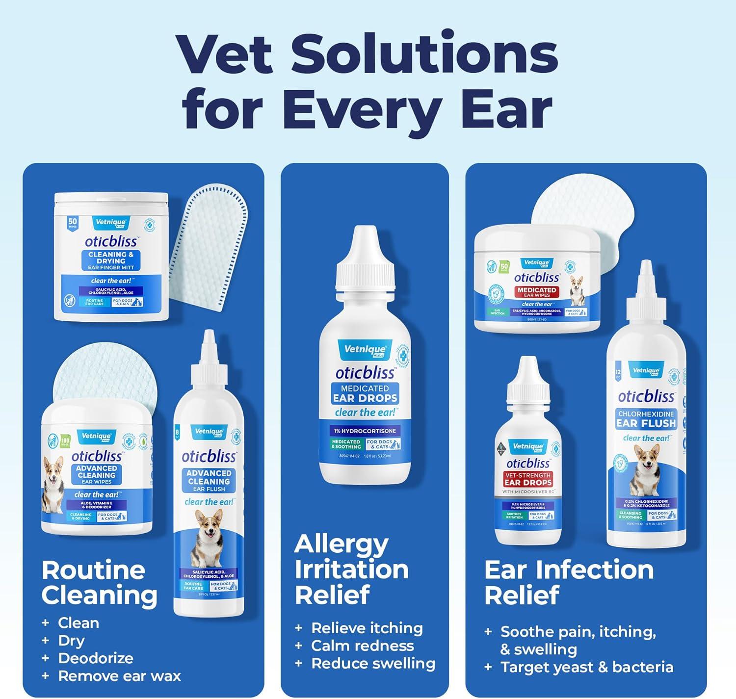 imageVetnique Oticbliss Ear Finger Wipes for Dogs ampamp Cats DualSided Cleaning Dog Ear Wipes for Odor Control Dirt ampamp Wax Removal with Soothing Aloe Salicylic Acid ampamp Aloe Vera 50ct