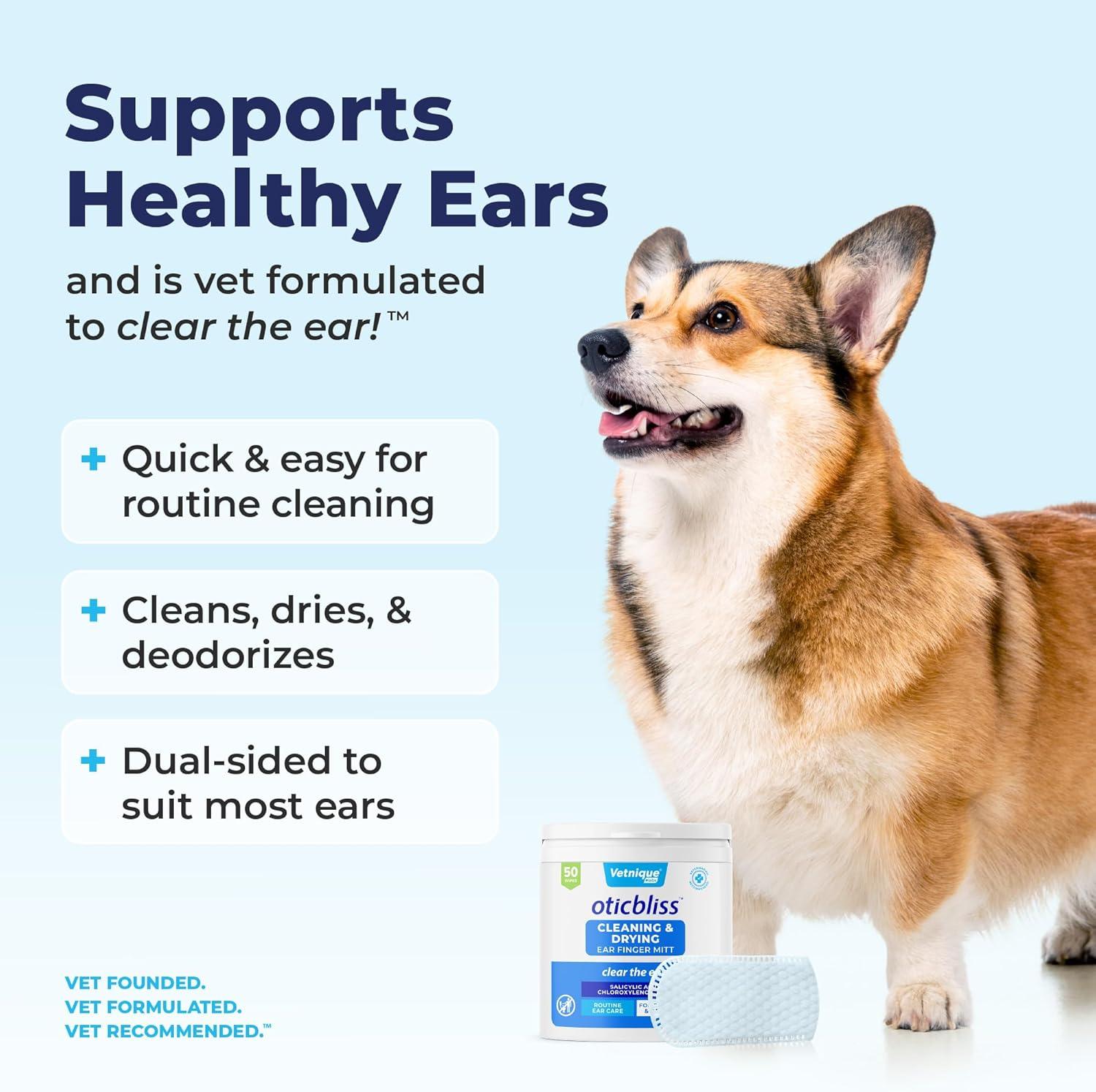 imageVetnique Oticbliss Ear Finger Wipes for Dogs ampamp Cats DualSided Cleaning Dog Ear Wipes for Odor Control Dirt ampamp Wax Removal with Soothing Aloe Salicylic Acid ampamp Aloe Vera 50ct