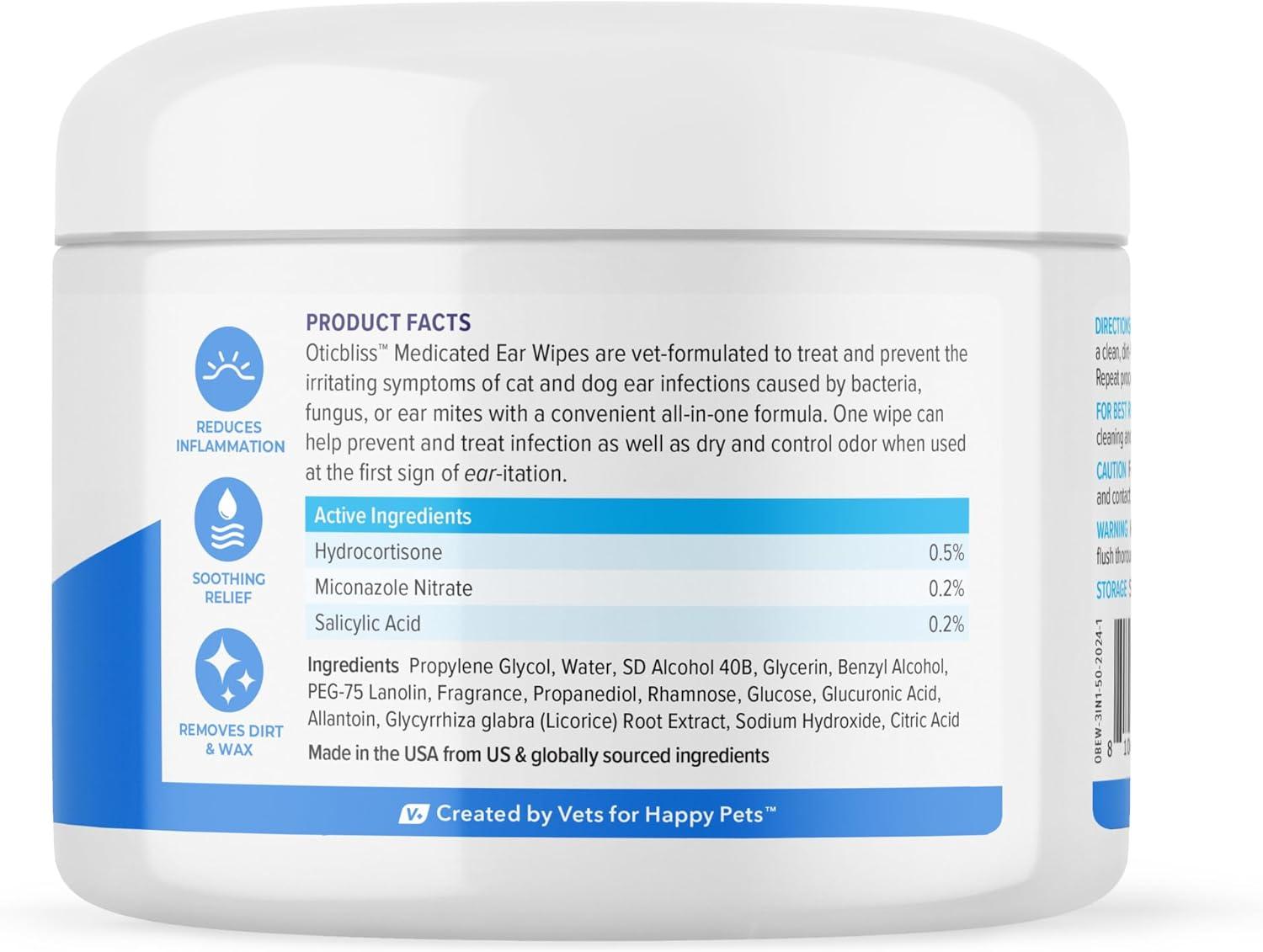 imageVetnique Oticbliss Medicated Ear Wipes  Cat ampamp Dog Ear Wipes with Hydrocortisone ampamp Salicylic Acid for Cleaning ampamp Odor Control  50ct