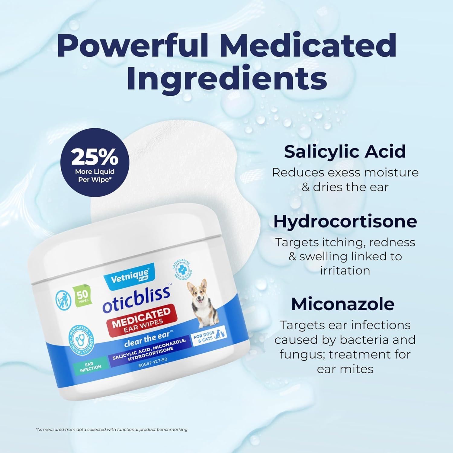 imageVetnique Oticbliss Medicated Ear Wipes  Cat ampamp Dog Ear Wipes with Hydrocortisone ampamp Salicylic Acid for Cleaning ampamp Odor Control  50ct