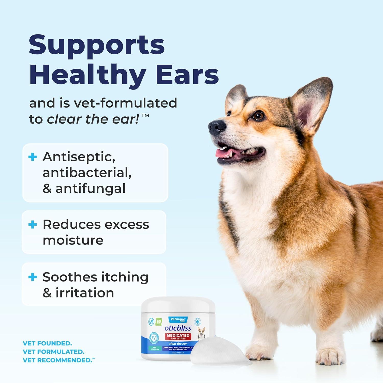 imageVetnique Oticbliss Medicated Ear Wipes  Cat ampamp Dog Ear Wipes with Hydrocortisone ampamp Salicylic Acid for Cleaning ampamp Odor Control  50ct