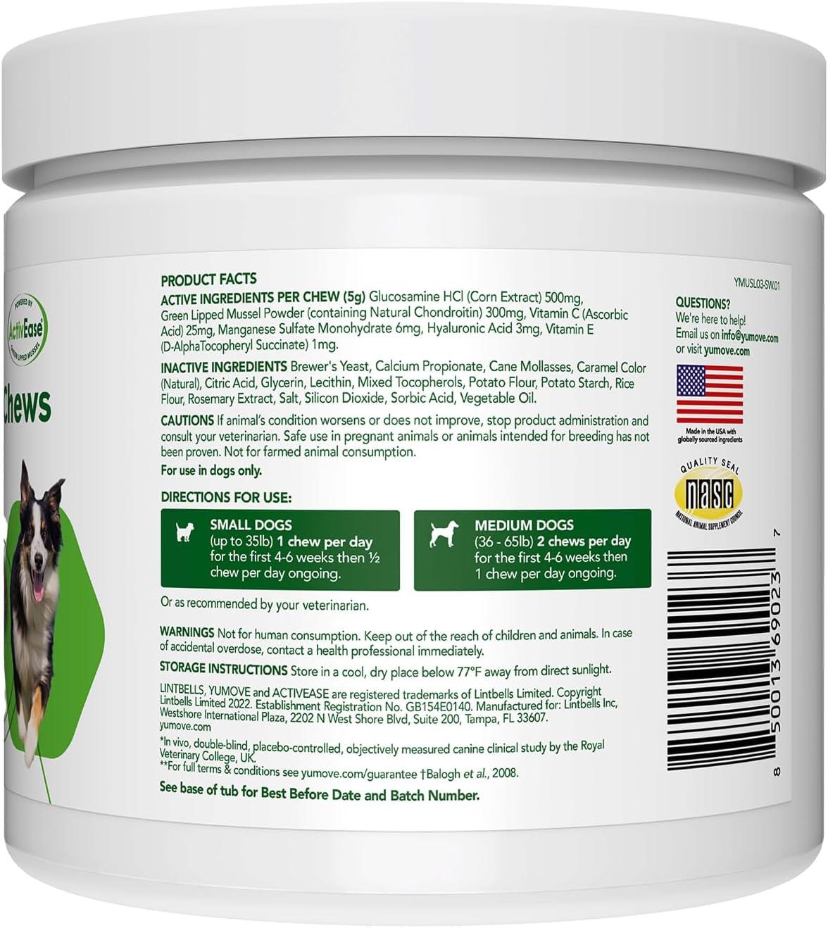 imageYuMOVE Hip ampamp Joint Supplement for Dogs  With Glucosamine Chondroiton Green Lipped Mussel  Hyaluronic Acid and Omega 3 Joint Supplement for Stiffness and Mobility  60 Chews SmallMedium DogsSmallMedium Dogs