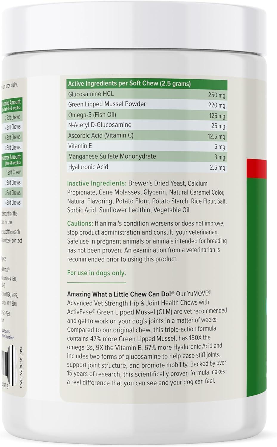 imageYuMOVE Hip ampamp Joint Supplement for Dogs with Glucosamine Hyaluronic Acid Green Lipped Mussel ampamp Omega 3 Joint Supplement  Regular or Advanced Strength 90ct Advanced Vet Strength Soft ChewsAdvanced Vet Strength Soft Chews
