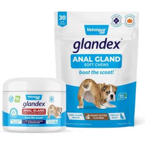 imageGlandex for Dogs Medicated Anal Gland Wipes 50ct ampamp Glandex Anal Gland Supplement Chews 30ct Peanut Butter Flavor Bundle Anal Gland Care for D