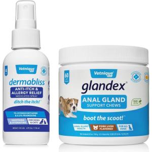 imageVETNIQUE Dermabliss Anti Itch Relief Dog Spray 4oz ampamp Glandex Anal Gland Support Soft Chew Treats with Pumpkin for Dogs 60ct Pork Bundle