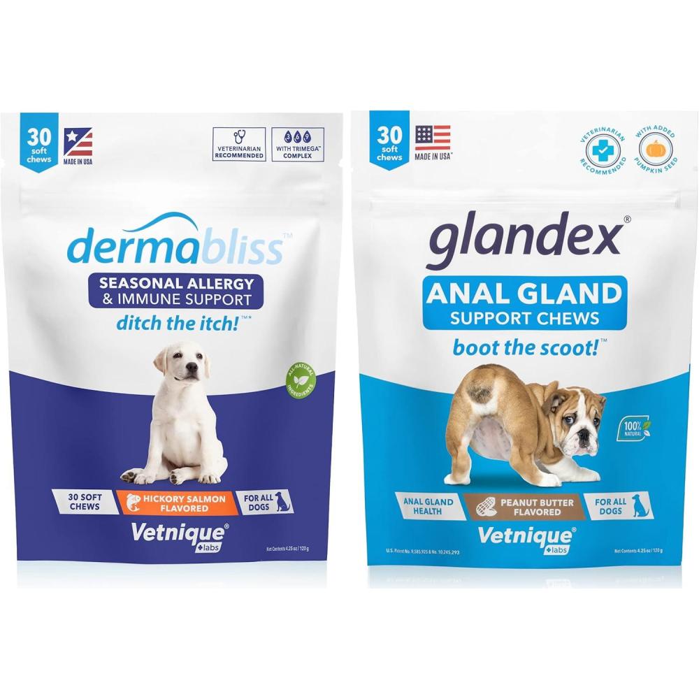 imageDermabliss Allergy Chews 30 Ct and Glandex Anal Gland Support Chews 30 Ct Bundle Dog Vitamins ampamp Supplements Anal Gland Dog Treats with Probiotics Dog Allergies Skin Treatment Soft Chew
